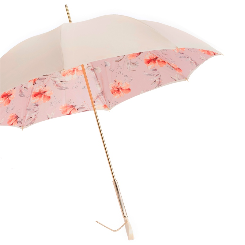 Flowered Umbrella – Handmade Italian Ivory Pink Floral Rain Umbrella with Swarovski Crystal Handle