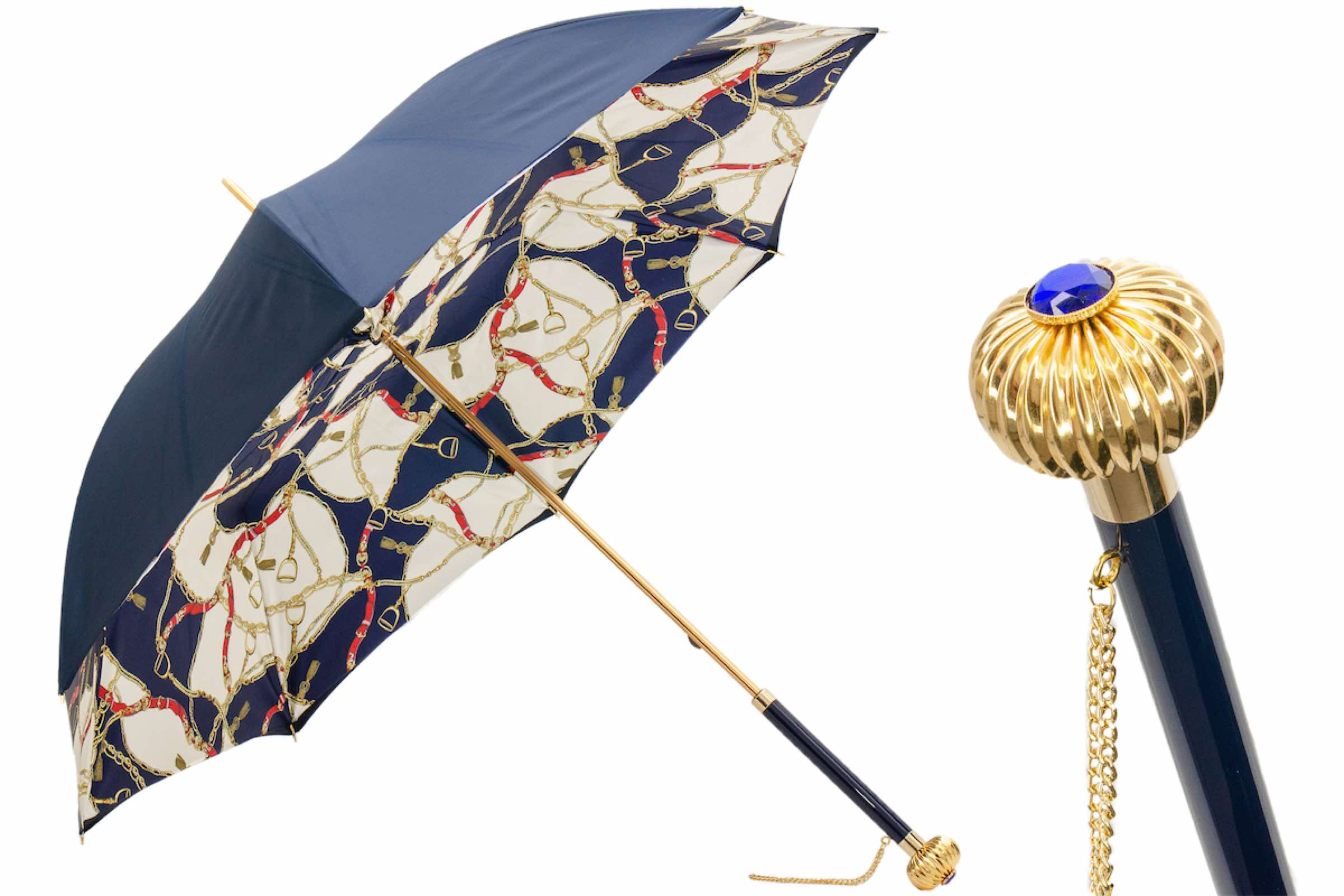 Navy Bridles Umbrella – Handmade Italian Rain Umbrella with Jeweled Handle