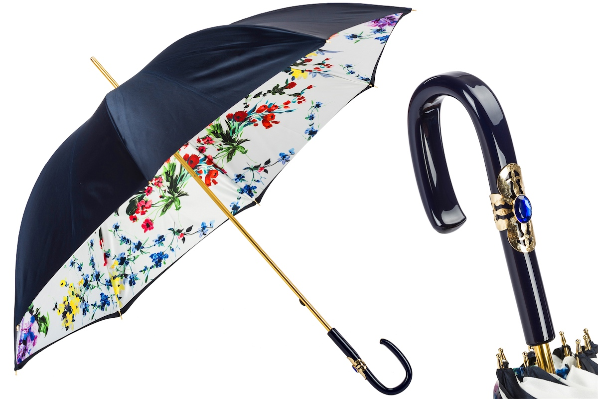 Navy Floral Umbrella – Double Cloth Handmade Italian Rain Protection with Acetate Handle