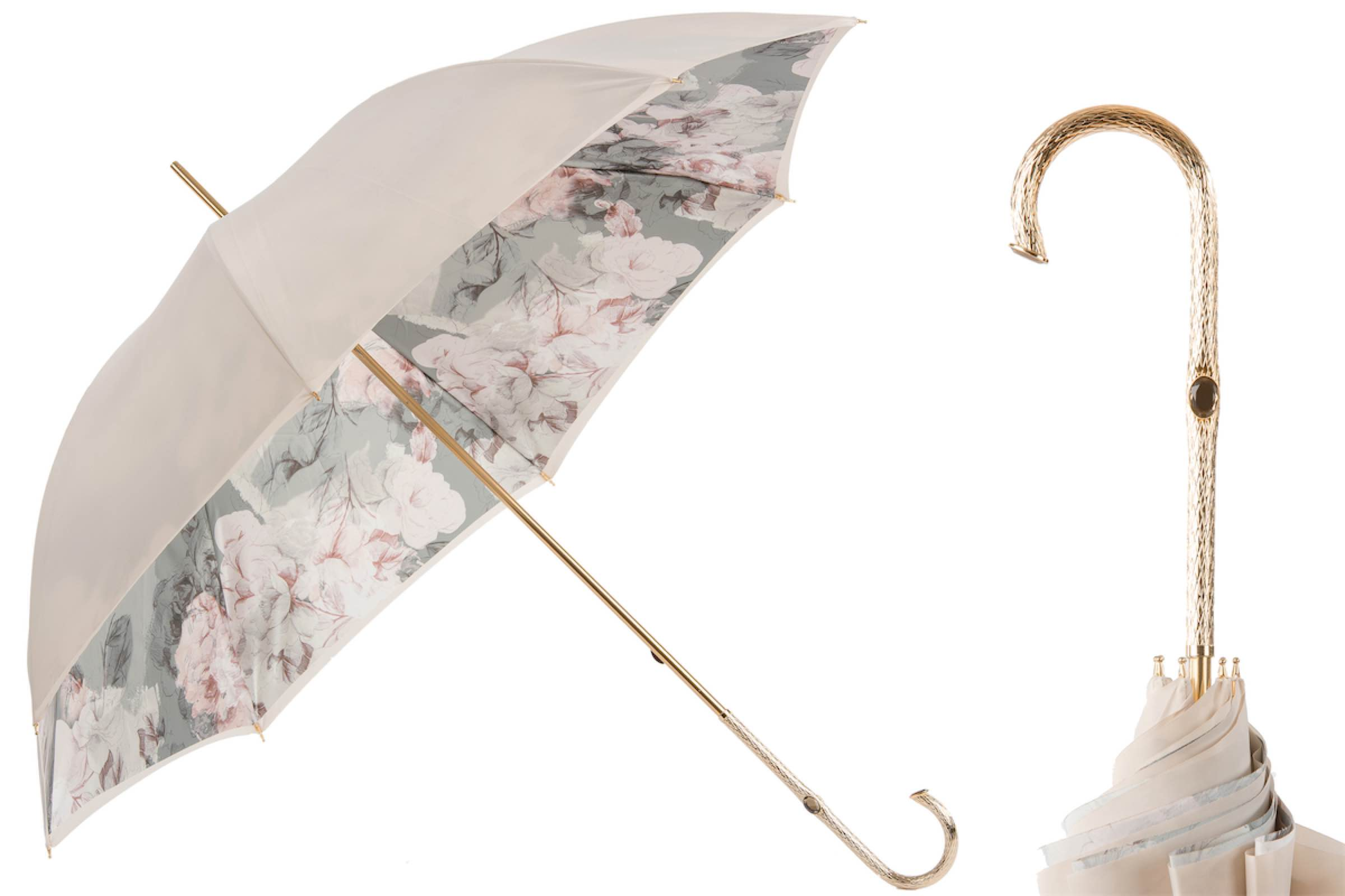 Ivory Umbrella – Handmade Italian Rain Umbrella with Floral Design & Brass Handle