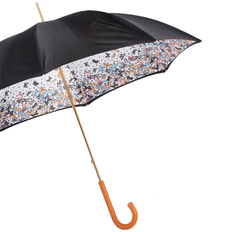 Butterfly Print Umbrella – Manual Opening, Orange Leather Handle, Stylish Rain Protection