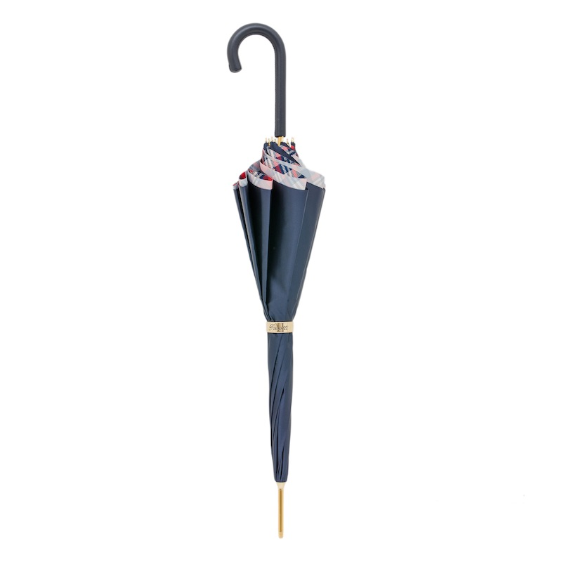 Classic Navy Umbrella - Handmade Italian Leather Handle, Striped Floral Design