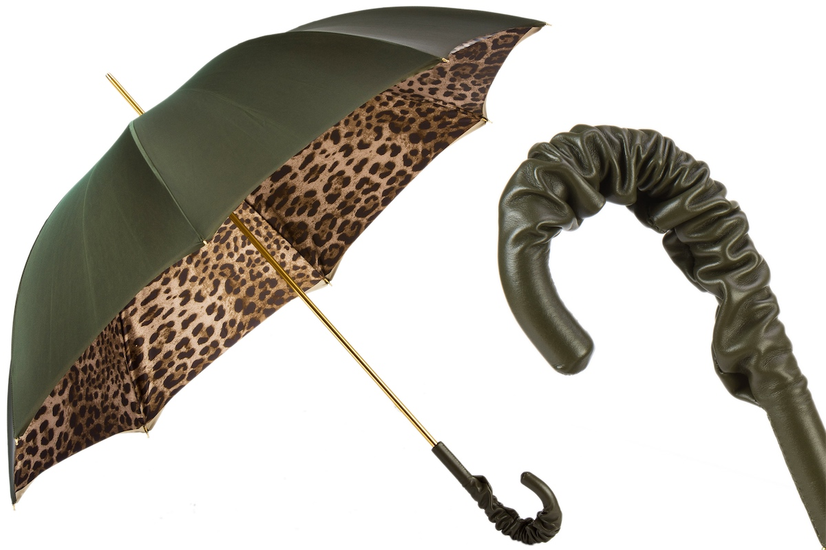 Leopard Print Umbrella – Olive Green Handmade Italian Umbrella with Ruched Leather Handle
