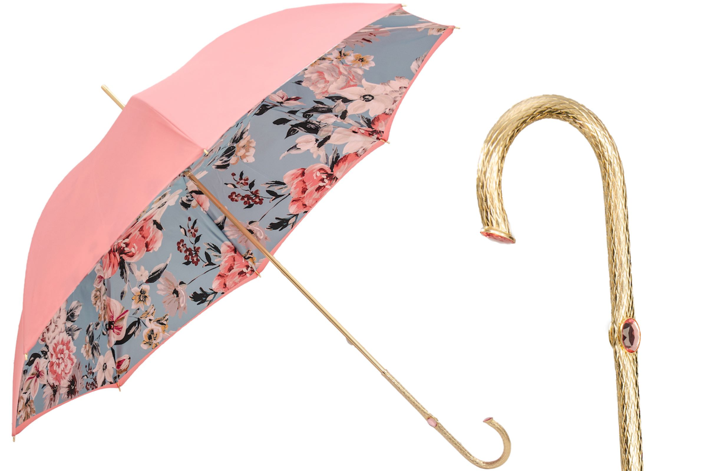 Pink Floral Umbrella – Handmade Italian Ladies Rain Umbrella with Jeweled Brass Handle