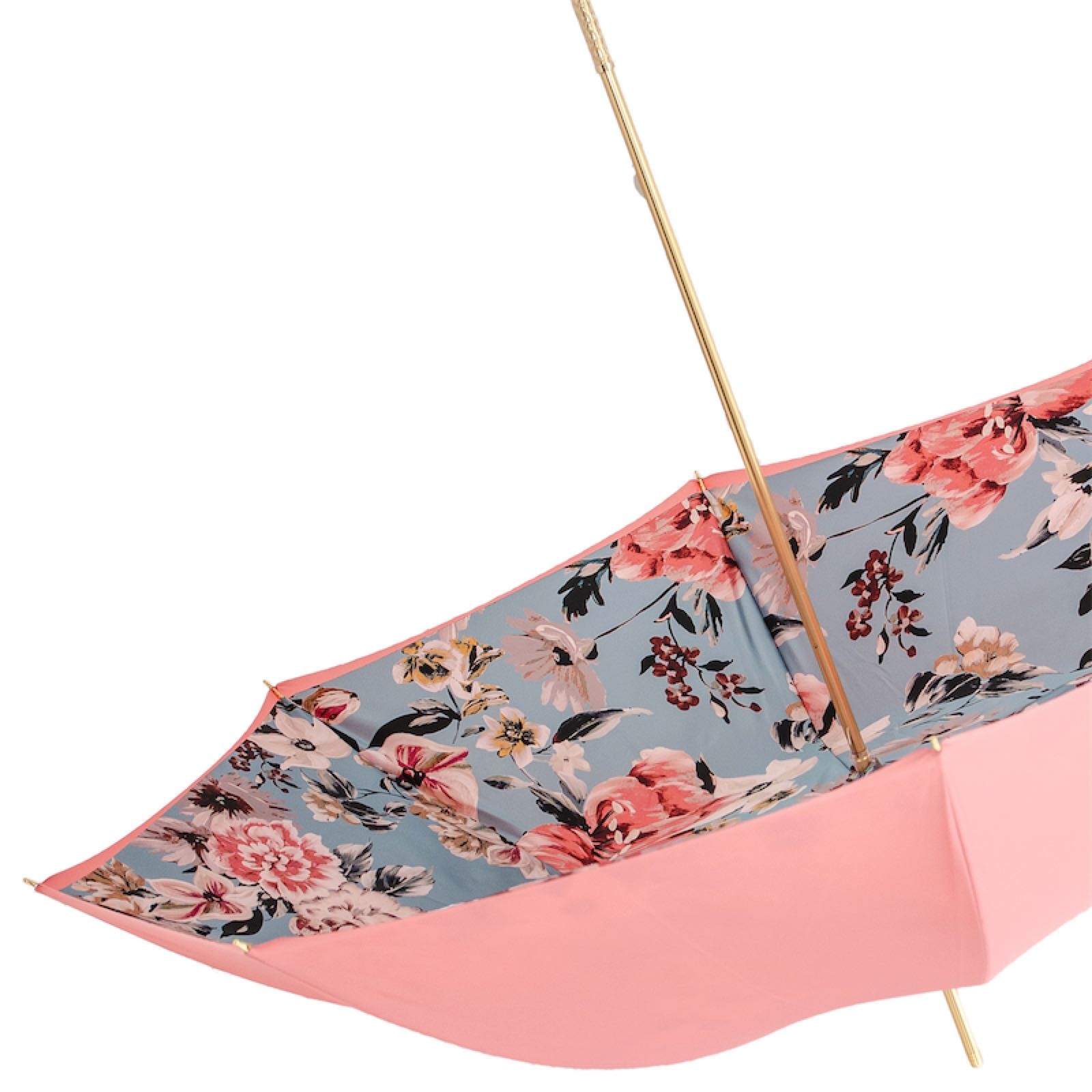 Pink Floral Umbrella – Handmade Italian Ladies Rain Umbrella with Jeweled Brass Handle