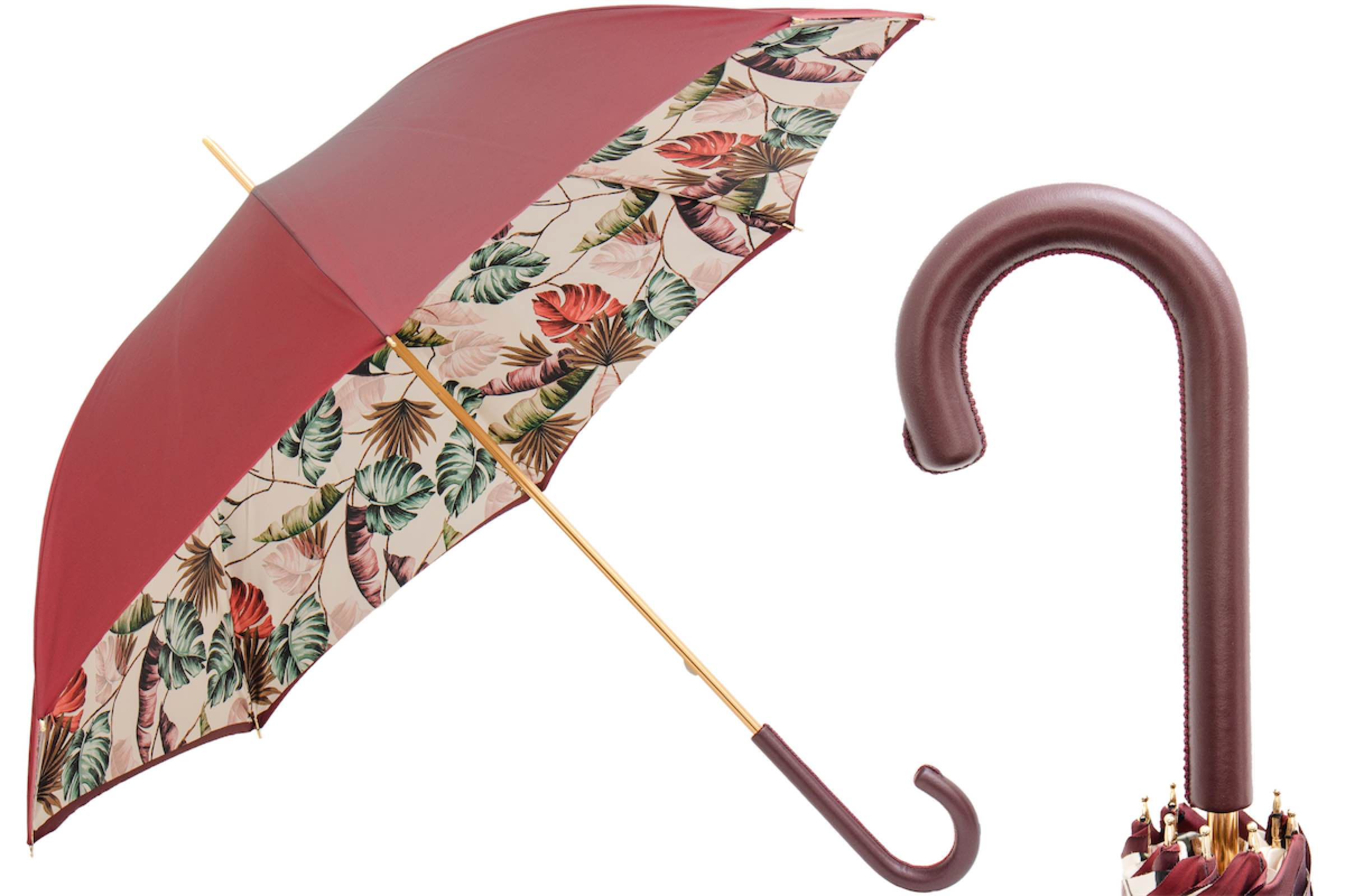Leather Handle Umbrella – Handmade Italian Tropical Bordeaux Rain Protection