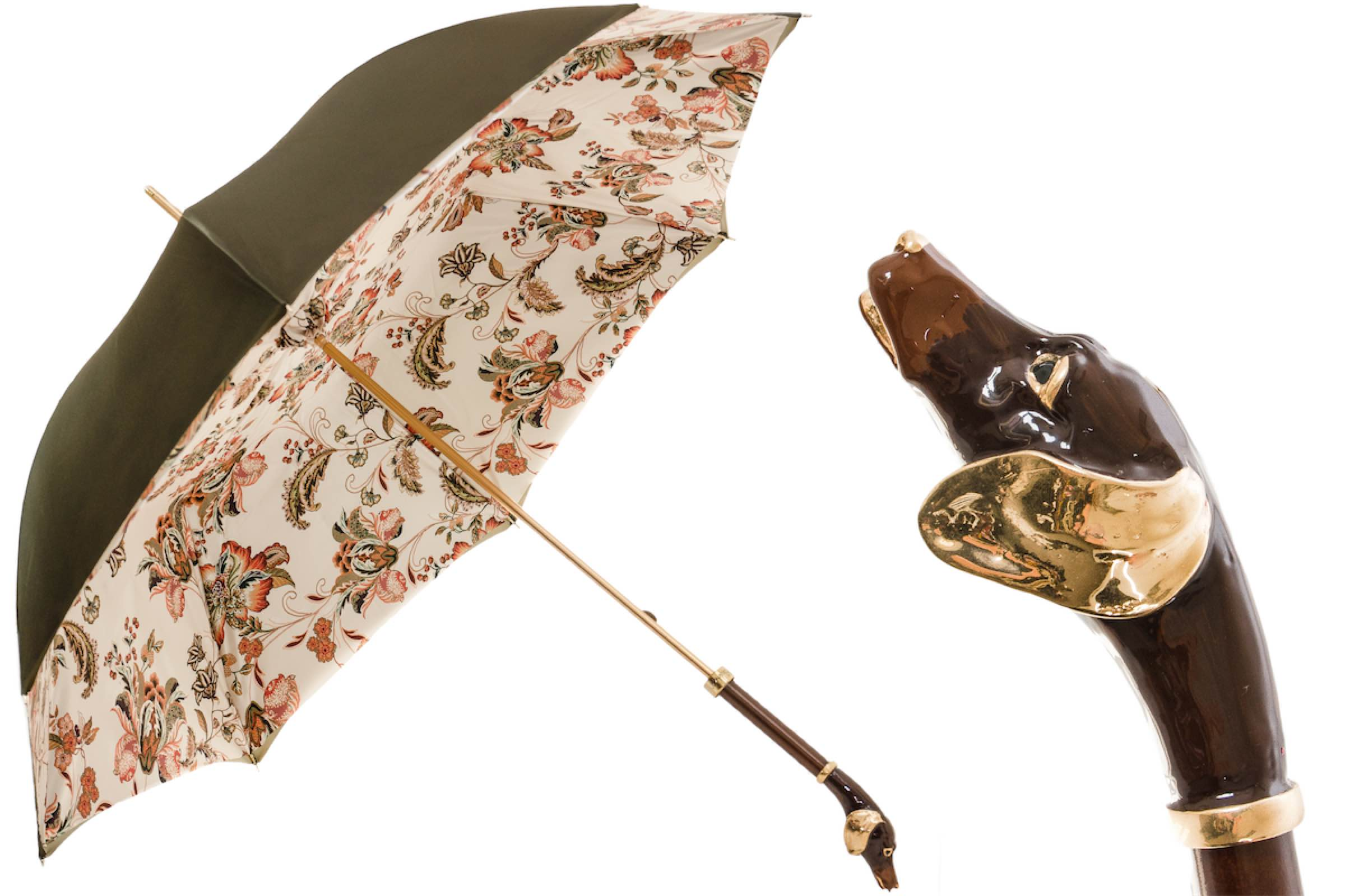 Pasotti Dachshund handle rain umbrella with handcrafted green canopy and enameled brass handle, stylish Italian waterproof umbrella
