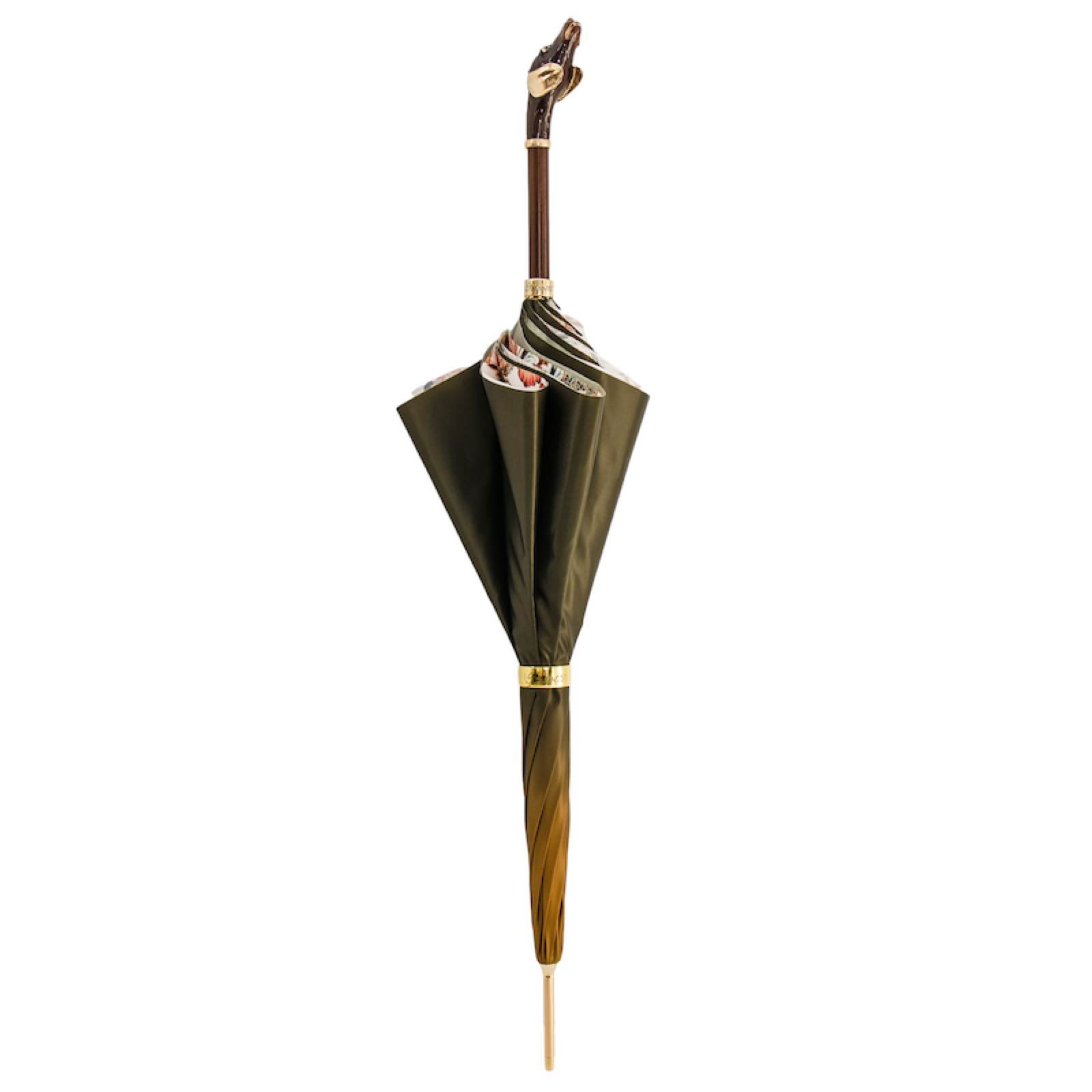 Pasotti Dachshund handle rain umbrella with handcrafted Italian green canopy and enameled brass handle.