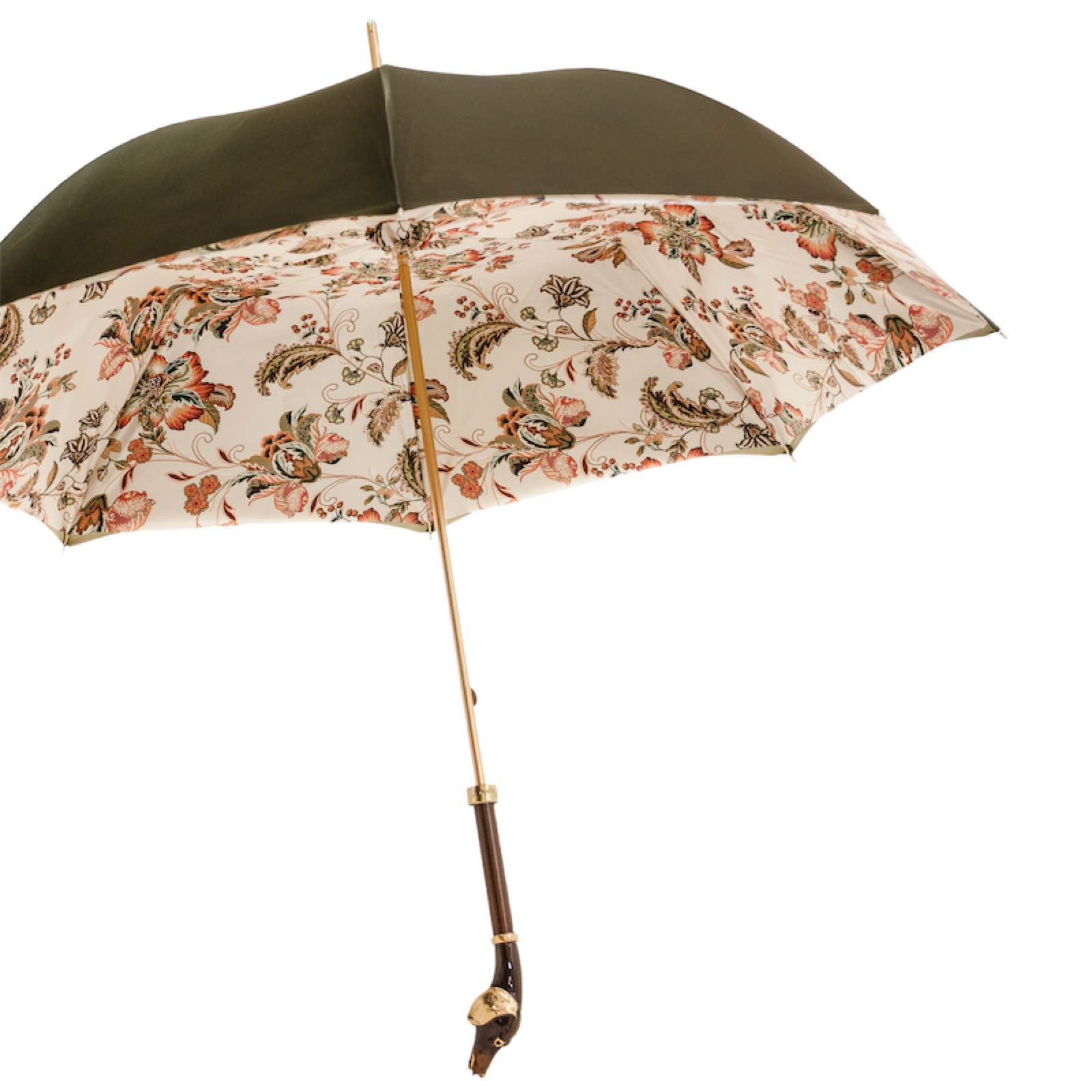 Pasotti Dachshund handle green rain umbrella with enameled brass handle, handcrafted Italian design, waterproof fabric, compact for travel