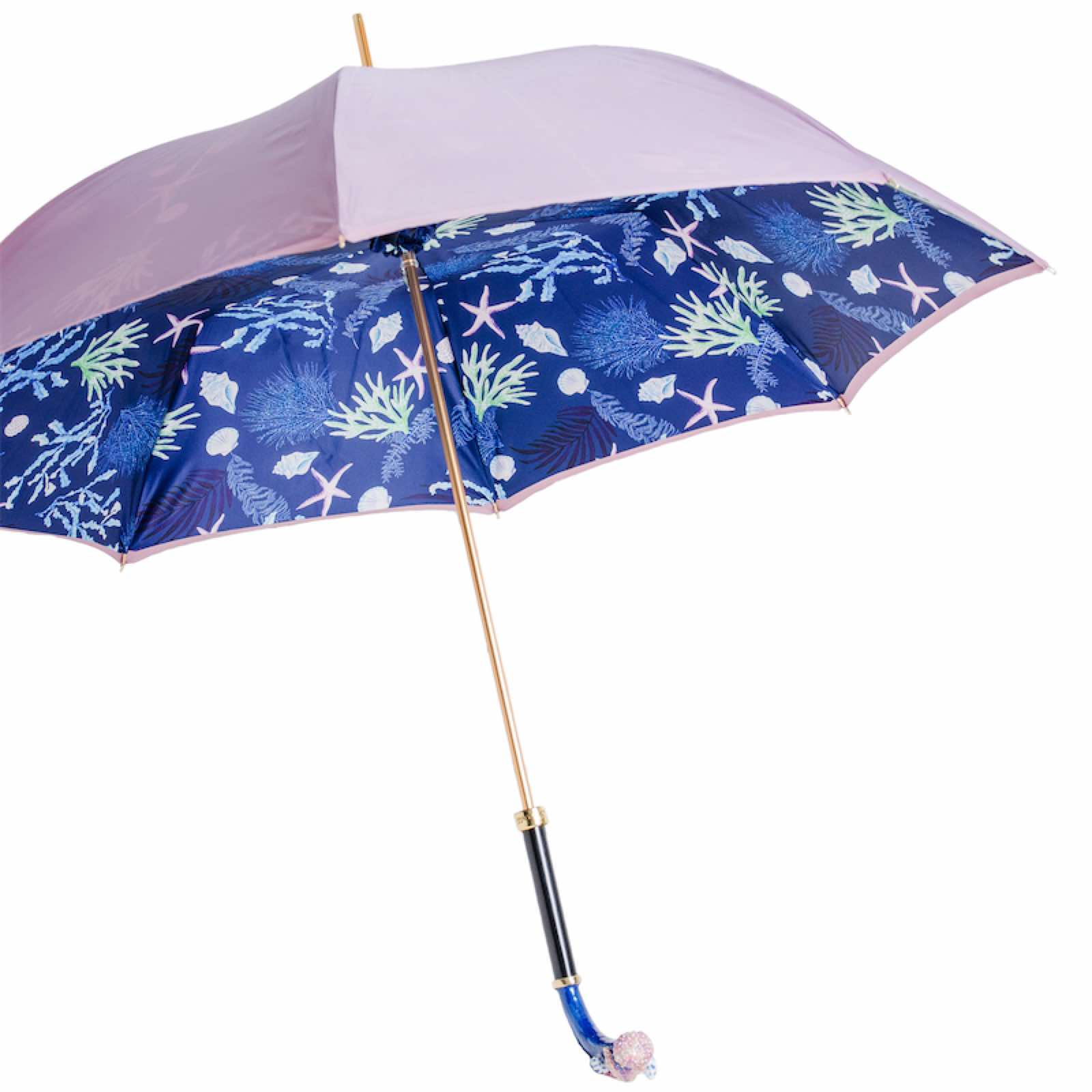 Blue Starfish Umbrella – Handmade Italian Rain Umbrella with Enameled Brass Handle