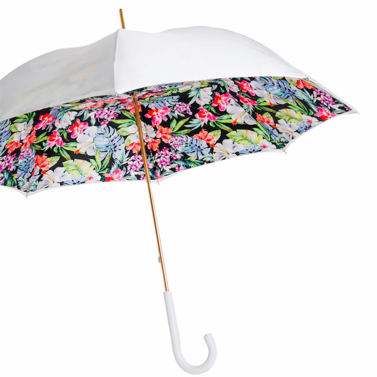 White Flower Umbrella – Handmade Italian Rain Umbrella with Leather Handle