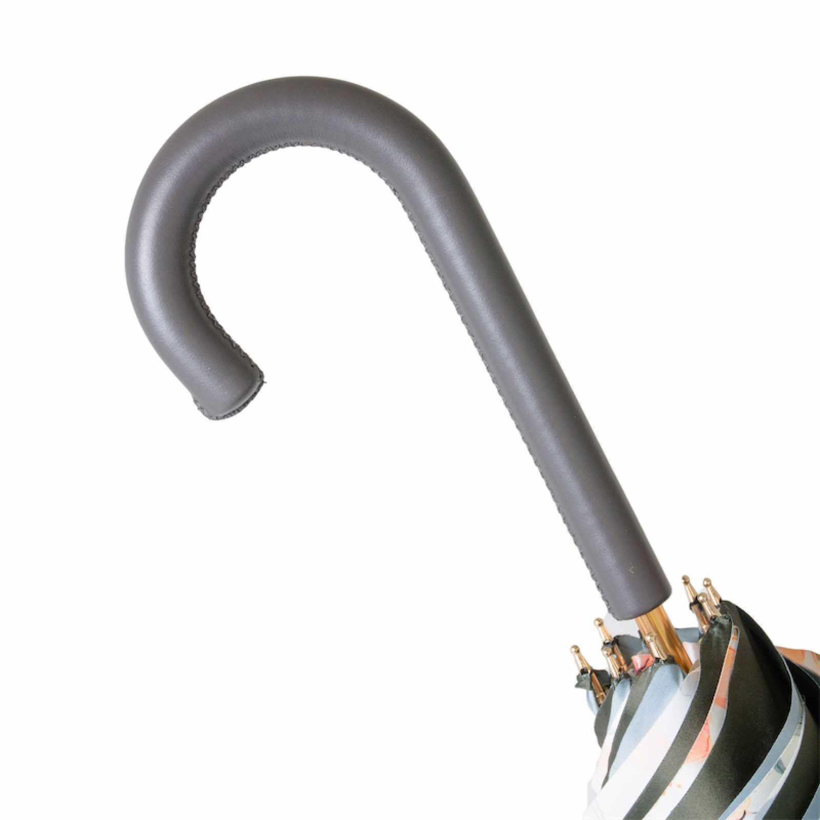 Grey Floral Umbrella – Handmade Italian Rain Umbrella with Leather Handle & Flower Print