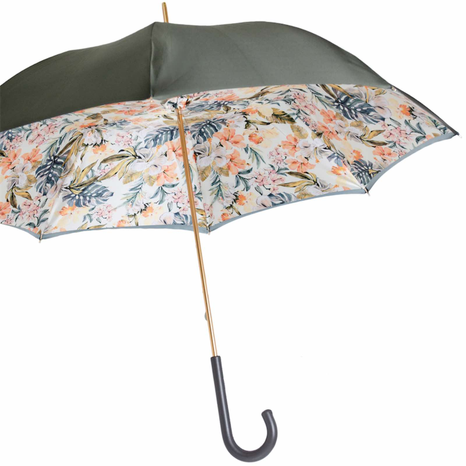Grey Floral Umbrella – Handmade Italian Rain Umbrella with Leather Handle & Flower Print