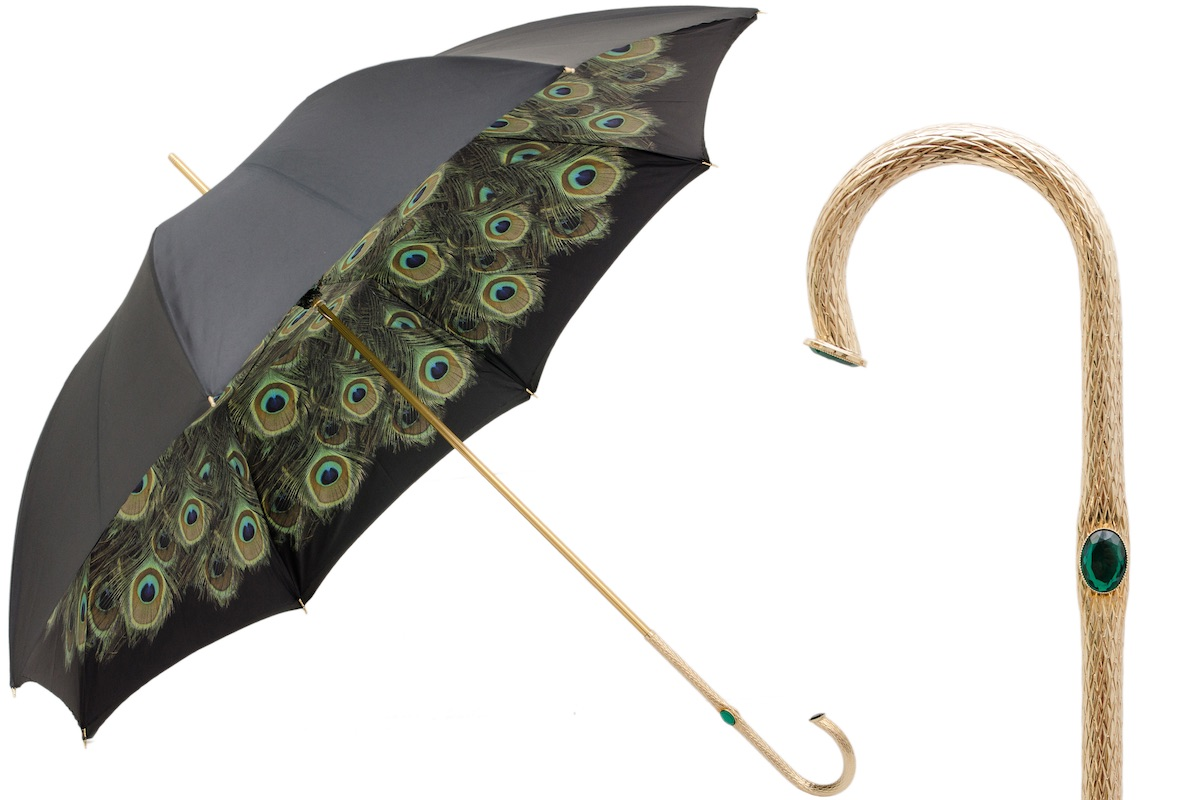 Black Double Cloth Umbrella – Italian Handcrafted Rain Gear with Peacock Pattern Lining