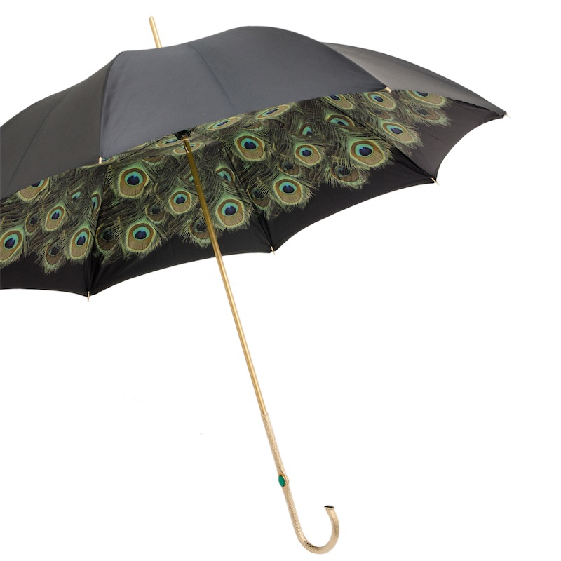 Black Double Cloth Umbrella – Italian Handcrafted Rain Gear with Peacock Pattern Lining