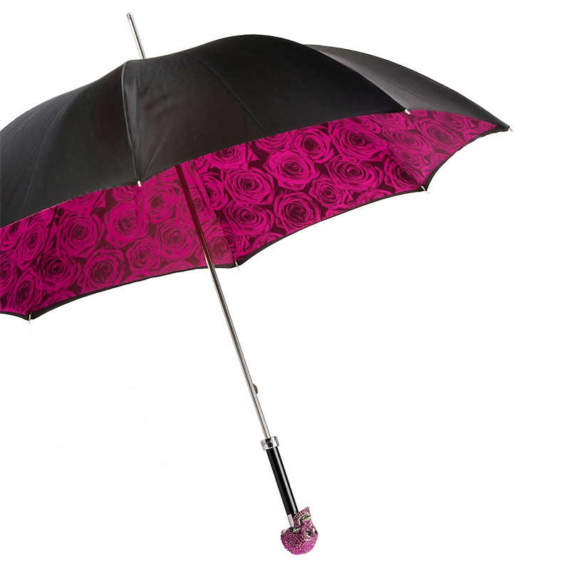 Luxury Skull Umbrella – Handmade Italian Double Canopy Fuchsia Floral Rain Gear