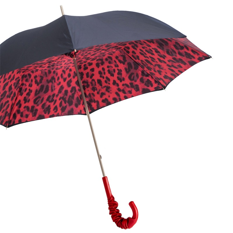 Red Leopard Umbrella – Manual Open Double Cloth Canopy With Leather Handle