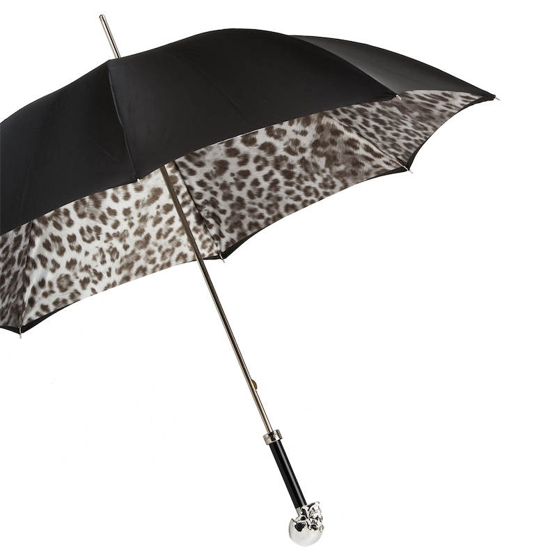 Luxury Animalier Umbrella – Black and White Double Cloth Canopy with Silver Skull Handle