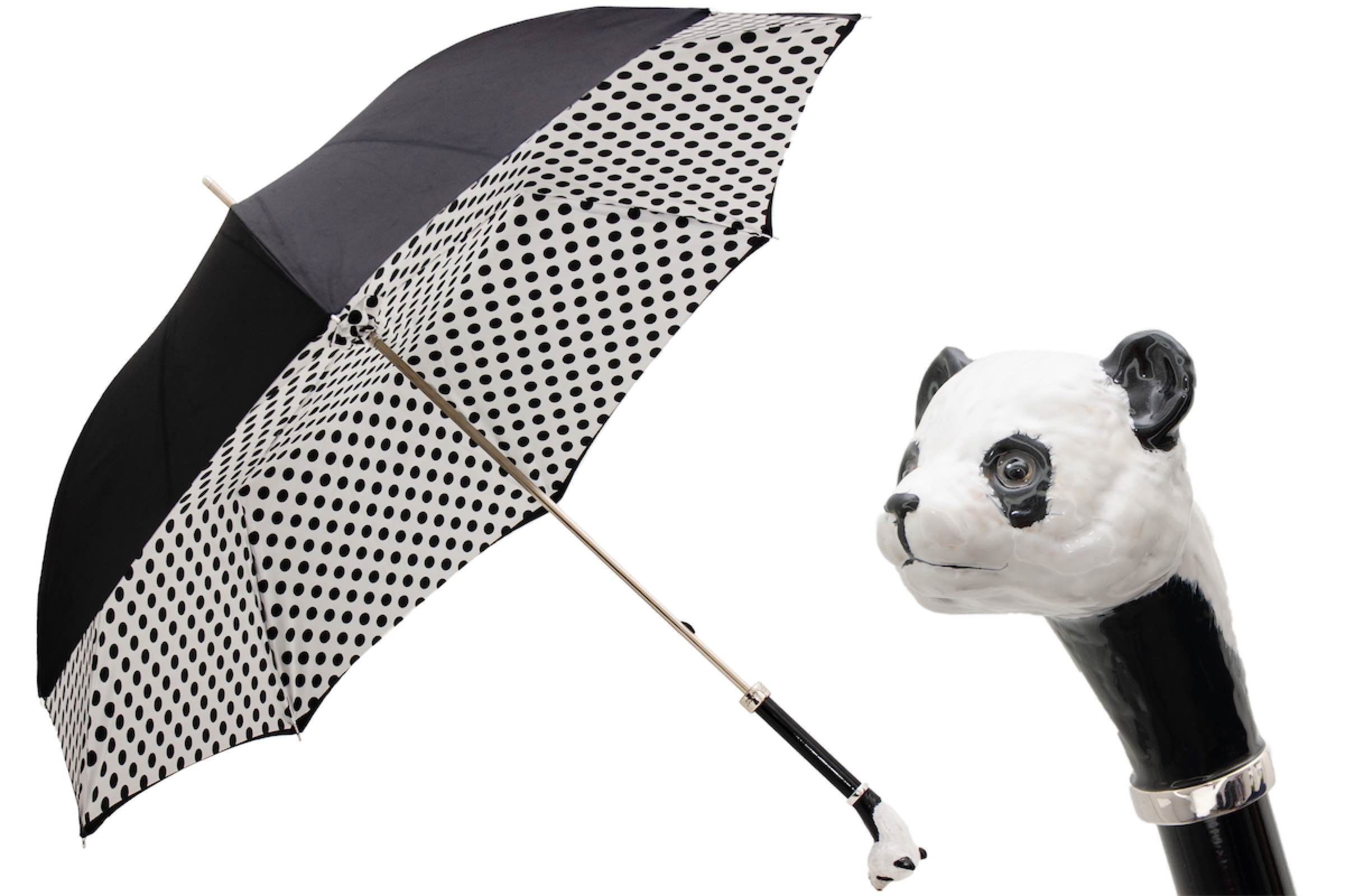 Panda Umbrella – Polka Dot Rain Umbrella with Enameled Brass Handle, Handmade Italian