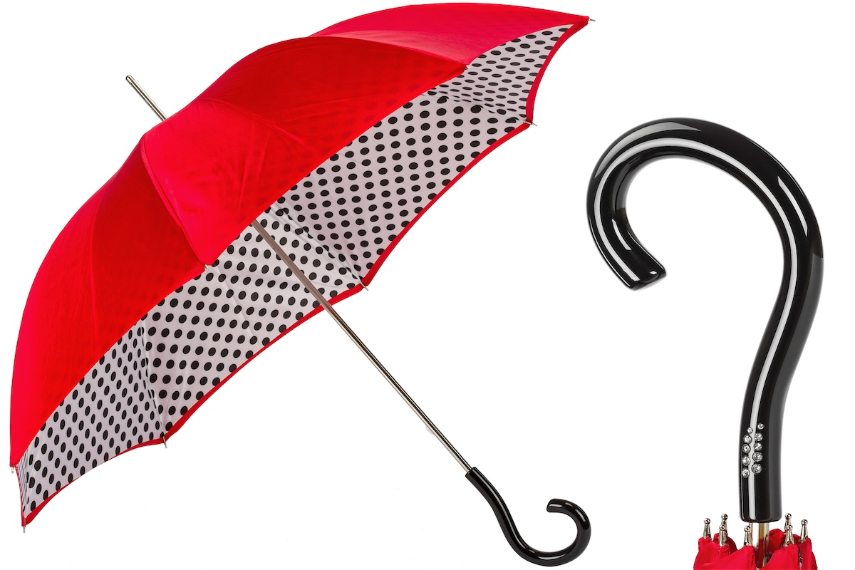 Red Polka Dots Umbrella – Handmade Italian Double Cloth Rain Protection With Swarovski Handle