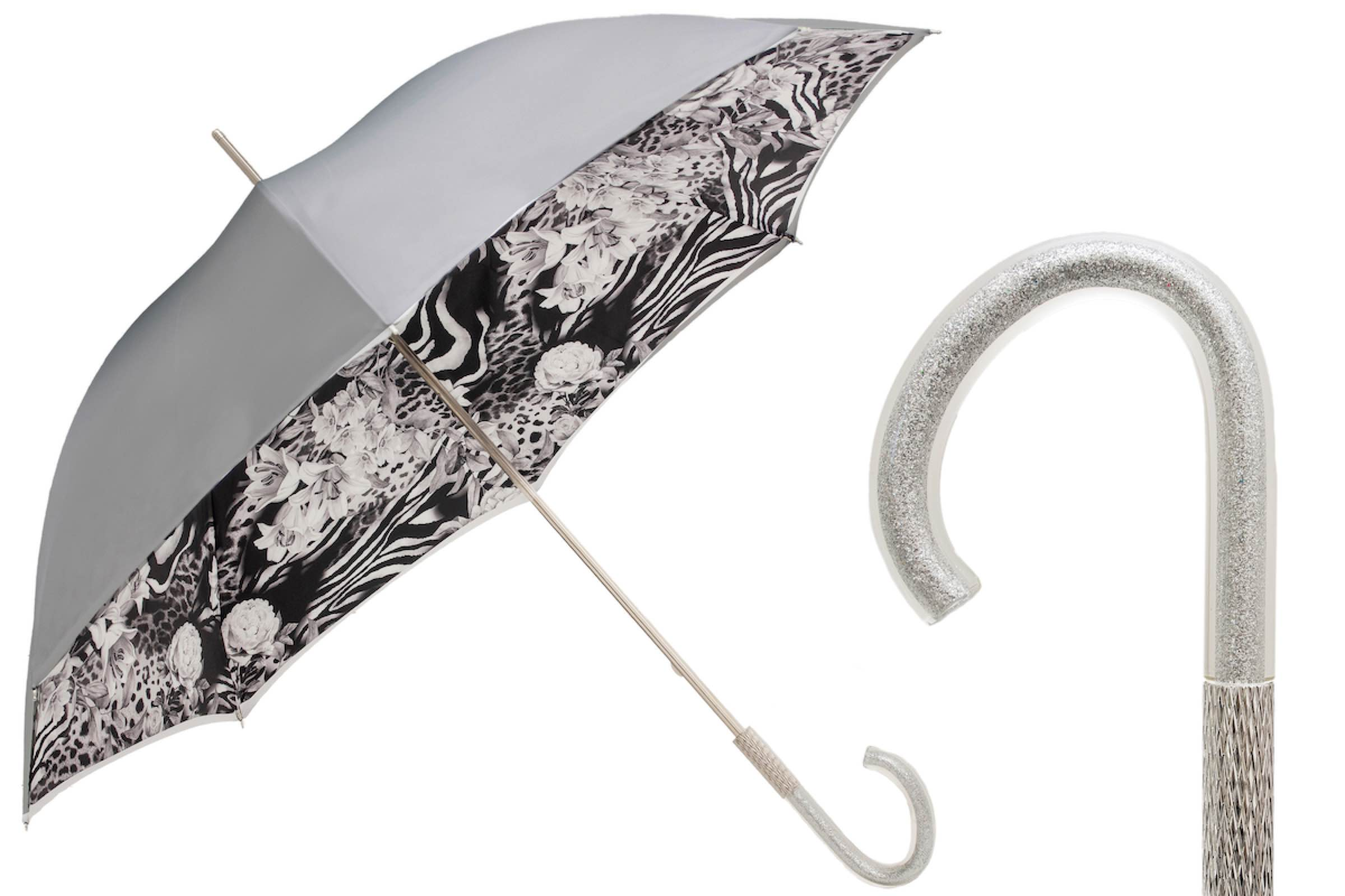 Luxury Italian Umbrella – Handcrafted Animal Print Canopy with Silver Rose Accents