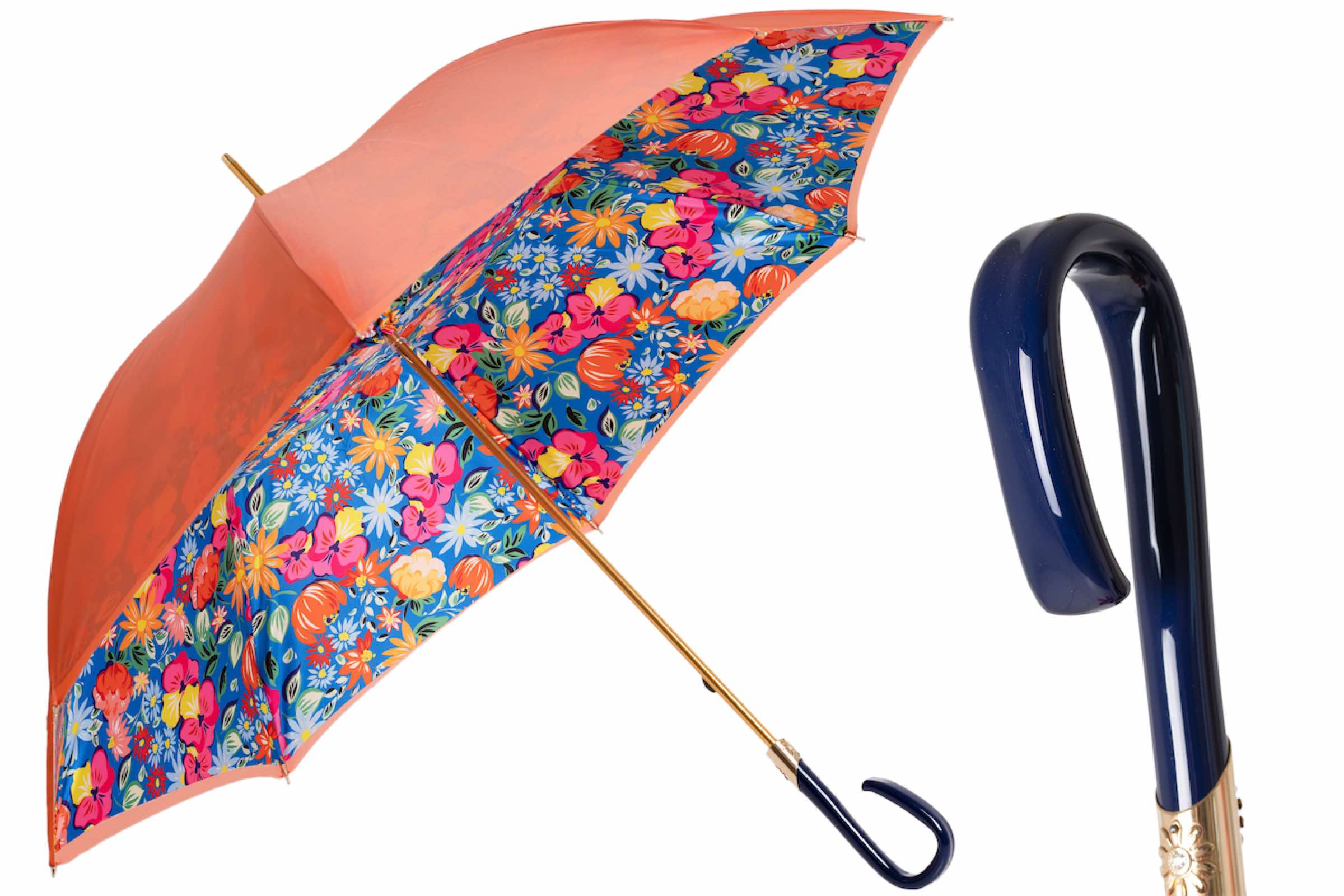 Orange Floral Umbrella – Handmade Italian Rain Umbrella with Acetate Handle