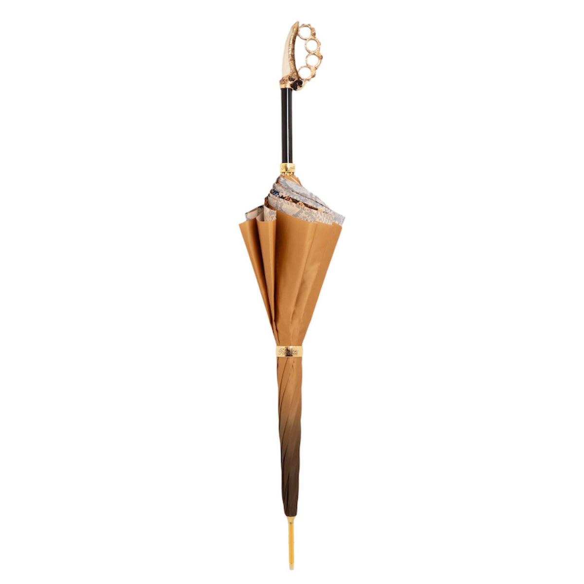 Snake print luxury rain umbrella with a sculpted brass handle by Ilmarchesato, featuring a stylish snake pattern on fabric.