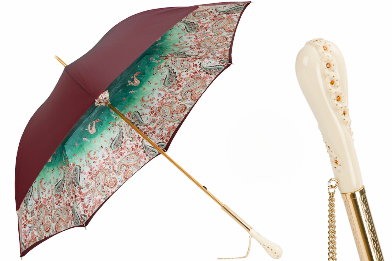 Burgundy Paisley Umbrella – Double Cloth Rain Umbrella with Swarovski Crystal Handle