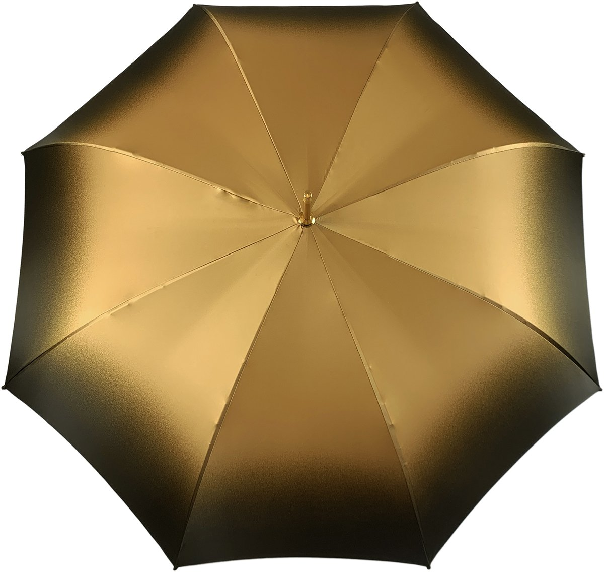 Gold-toned double-canopy umbrella with a tiger eye handle by Ilmarchesato, showcasing an elegant floral design.