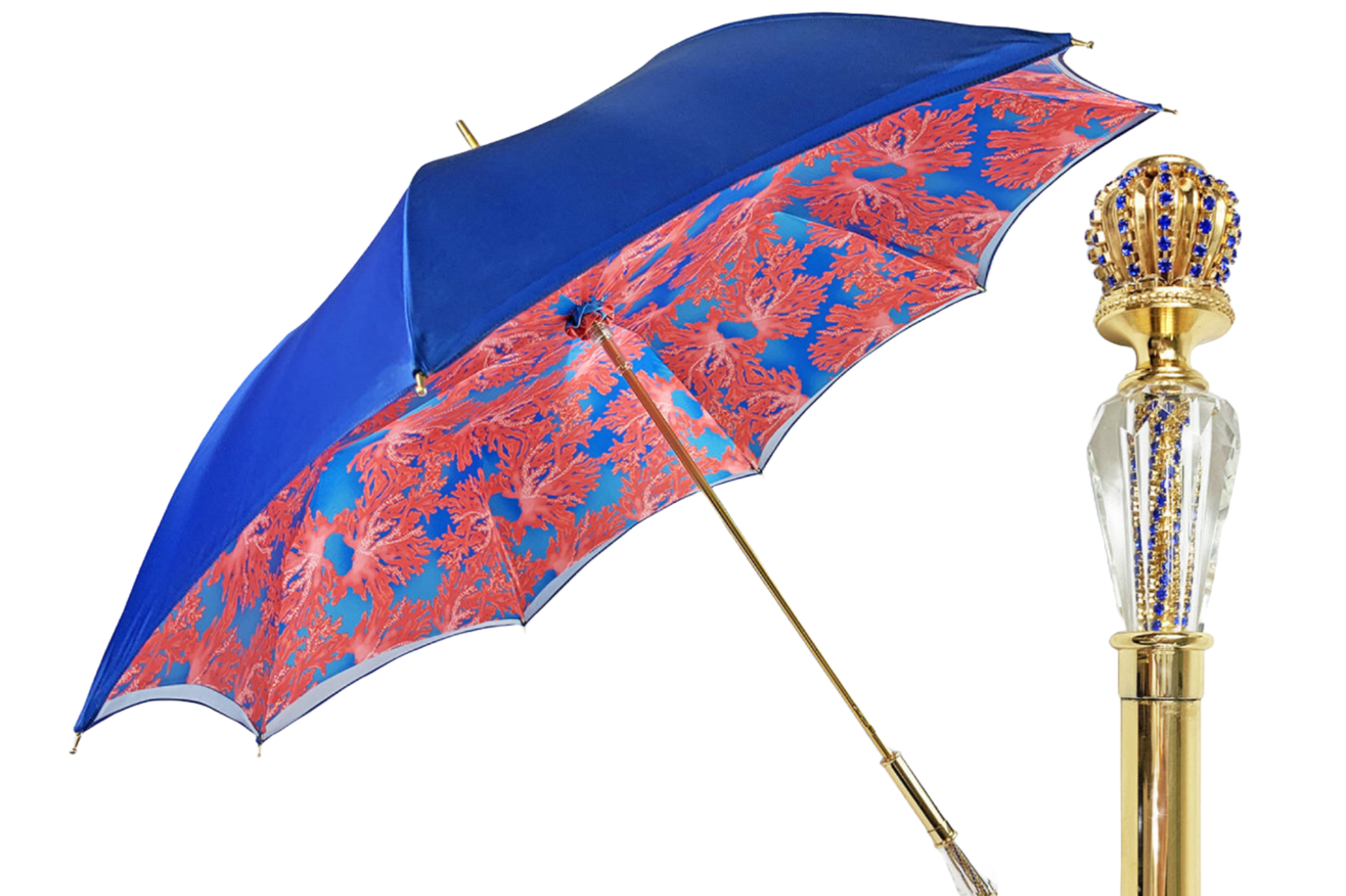 Luxury Blue Umbrella – Handmade Italian Rain Protection Accessory with 24K Gold Handle