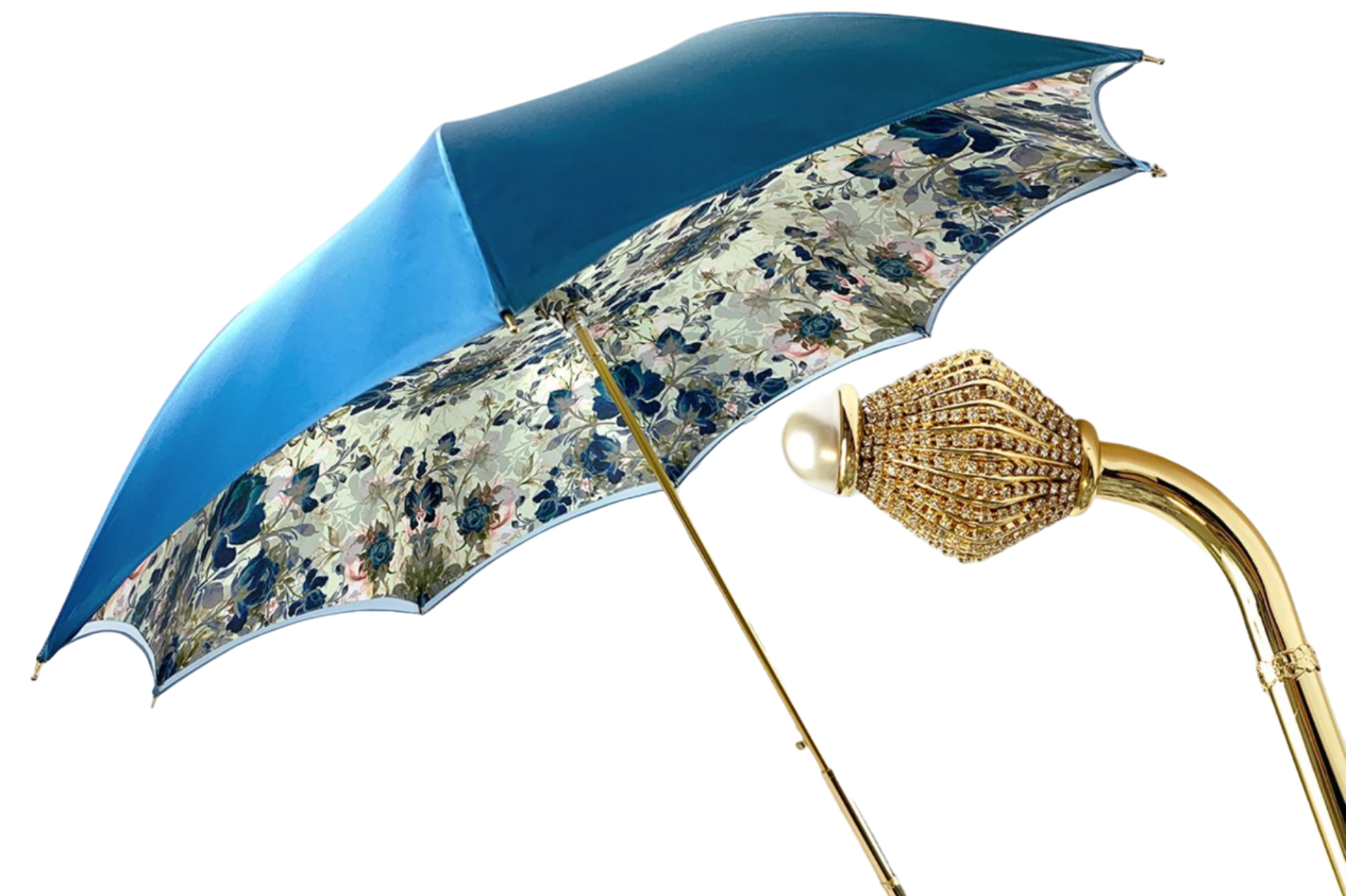 Luxury Floral Umbrella – Light Blue Satin, Swarovski Handle, UV Protection
