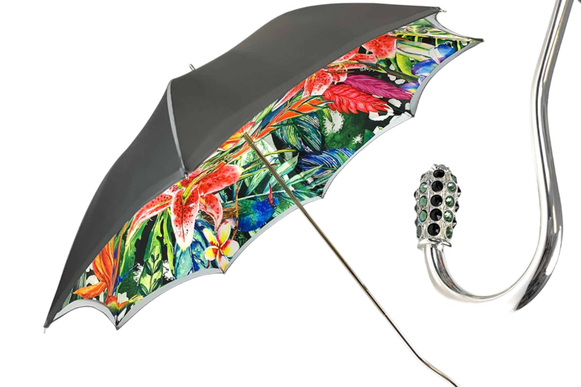 Luxury Grey Umbrella – Designer Ombre Satin Canopy with Floral Print & Swarovski Handle