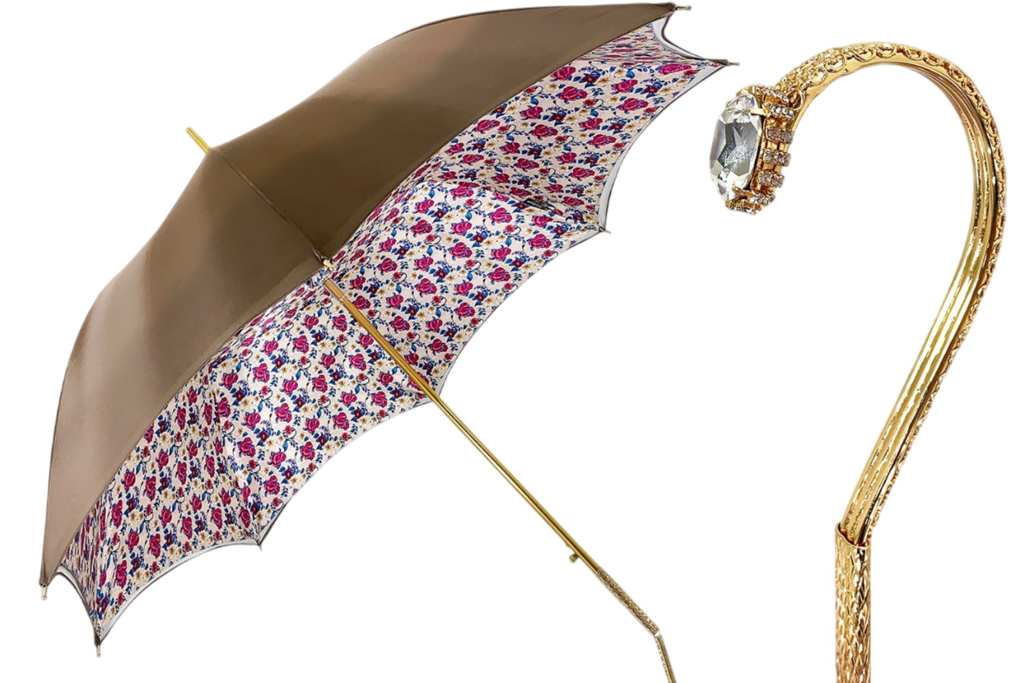 Ivory Umbrella – Handmade Italian Satin Canopy with Fuchsia Floral Interior & 24K Gold Handle