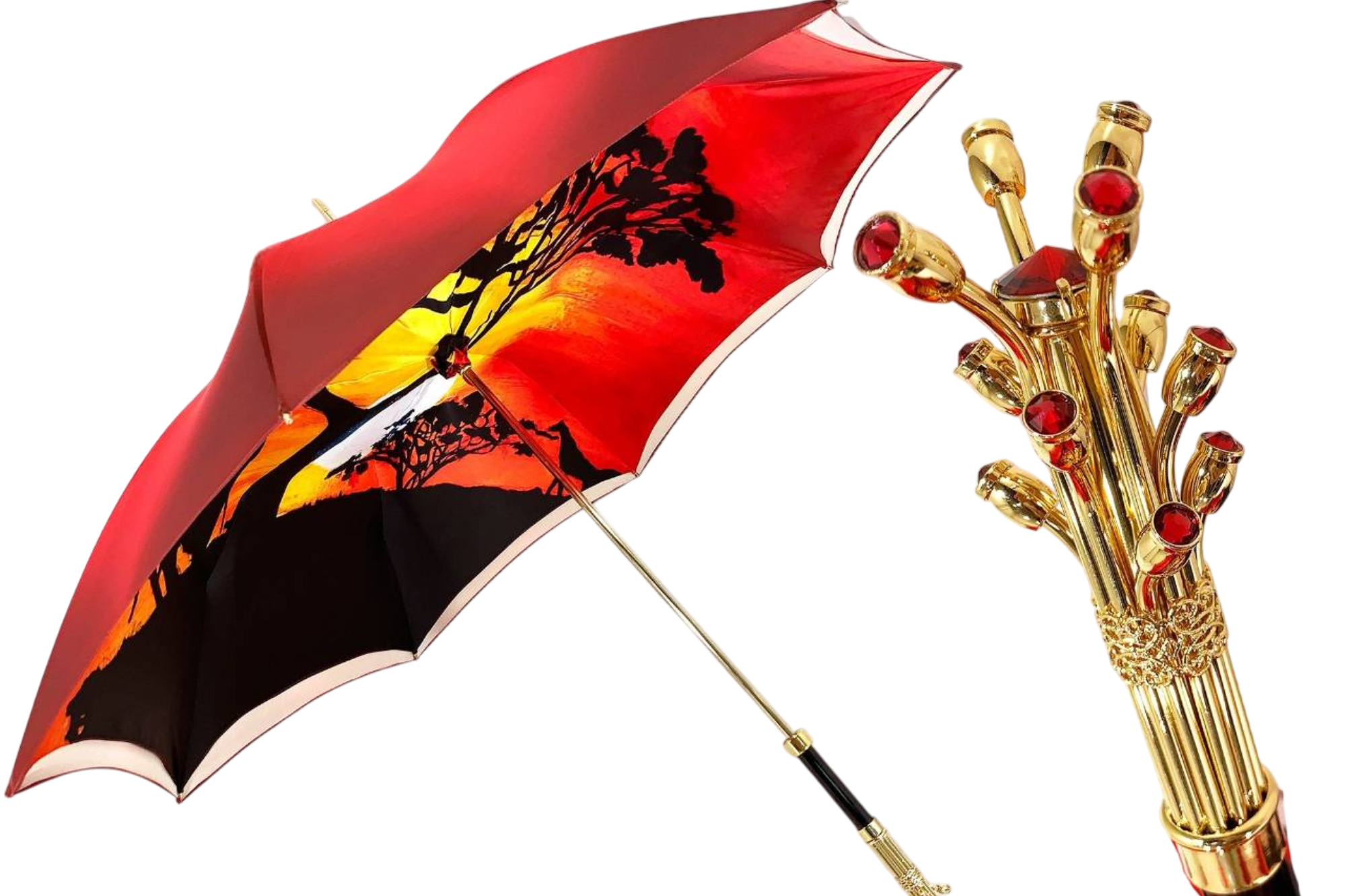 Handmade Double Cloth Umbrella – Luxury Red Satin with Swarovski Crystal Handle