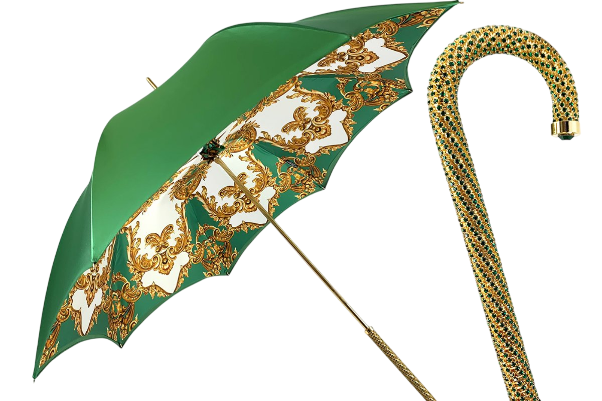 Elegant Green Umbrella – Handcrafted Italian Rain Gear with Gold Handle & UV Protection