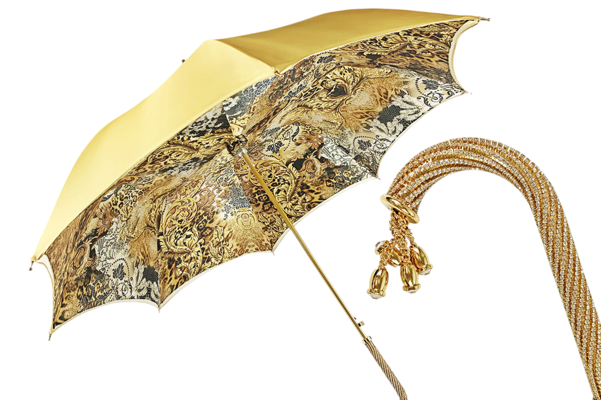 Golden Satin Umbrella – Double Canopy, Swarovski Crystal Details & 24K Gold Handle