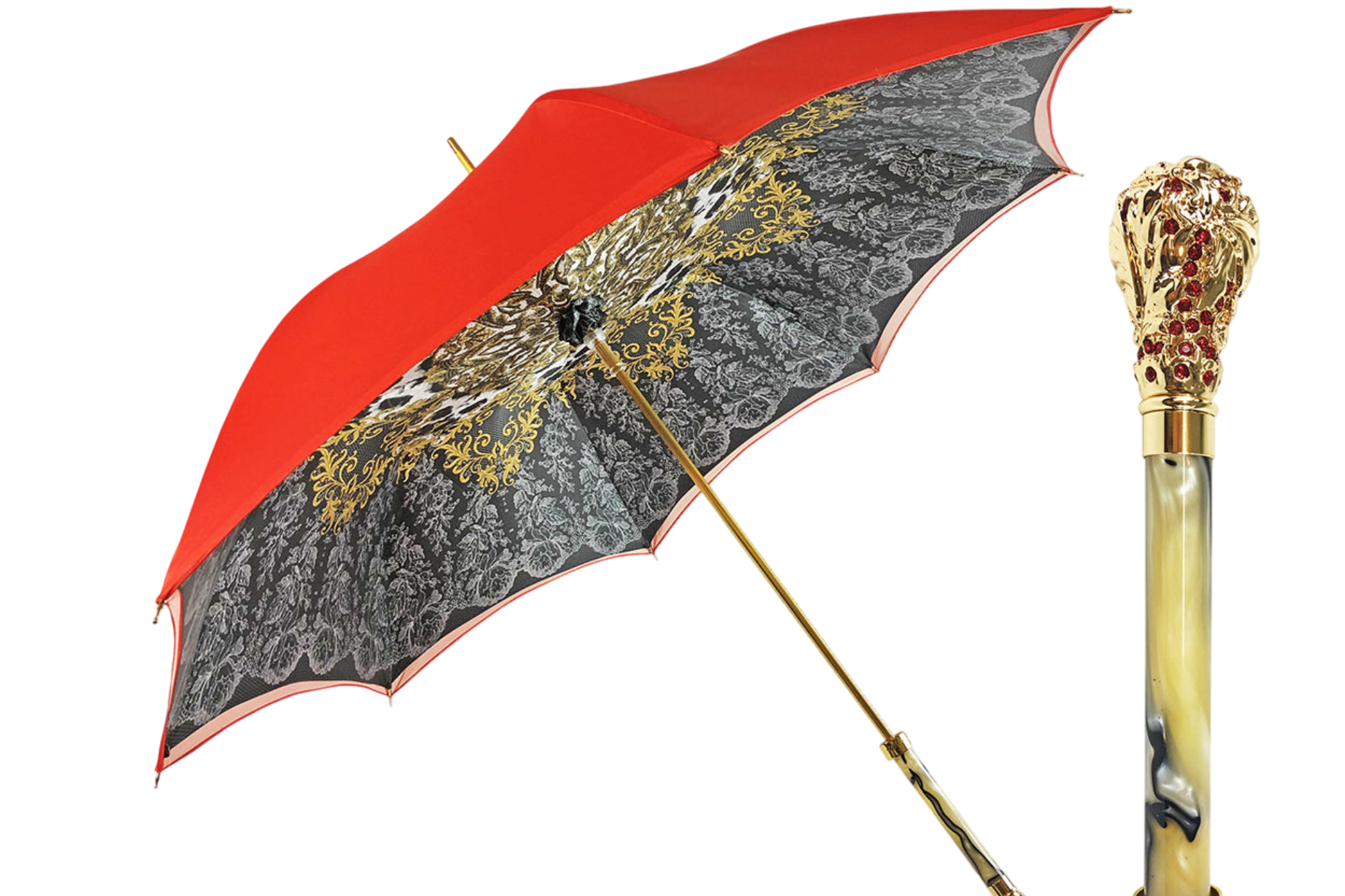 Red Satin Umbrella – Luxury Rain Umbrella with Crown Design & Swarovski Crystal Handle