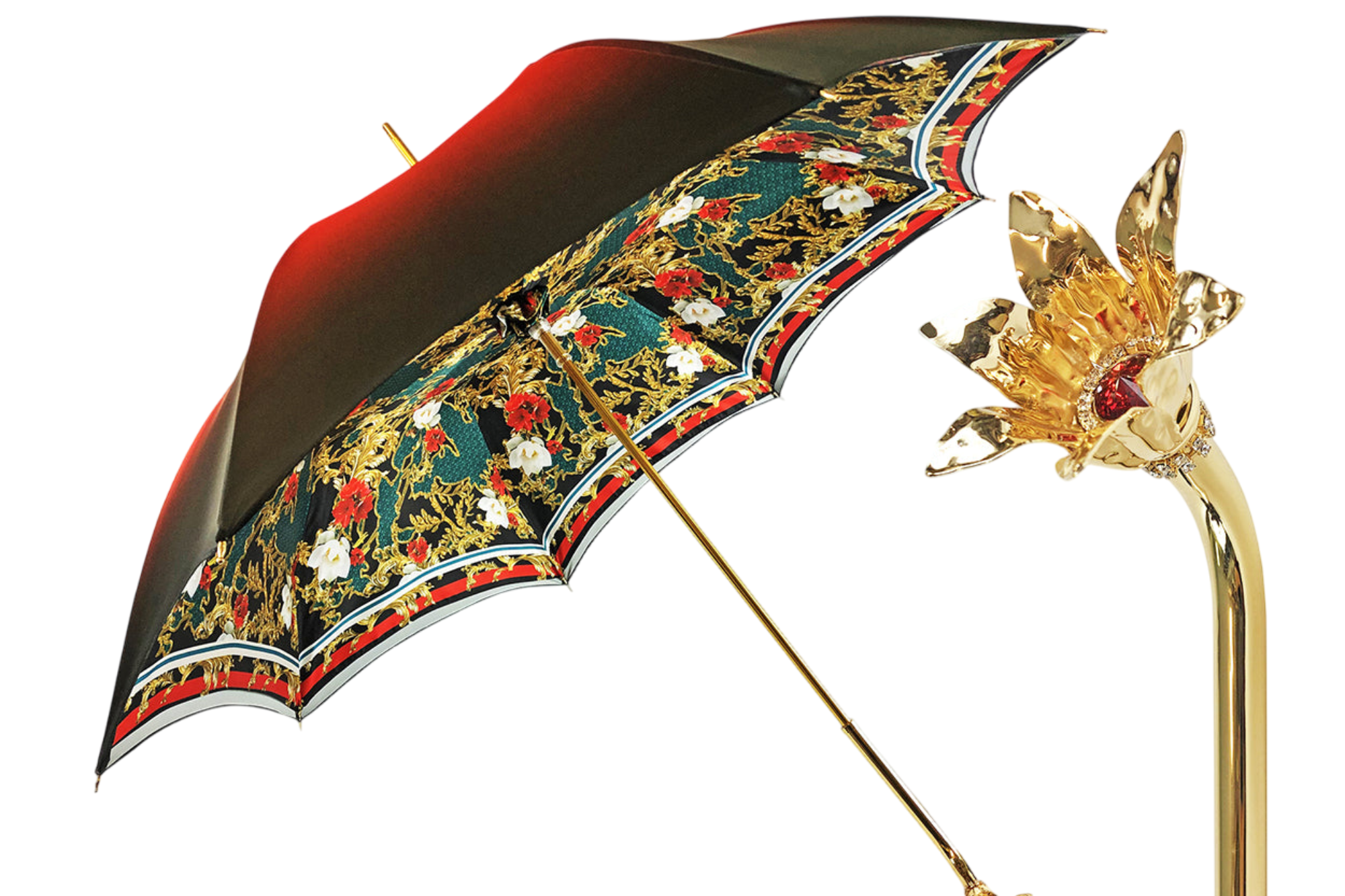 Green Red Umbrella – Automatic Open Satin Fabric Umbrella with Gold Plated Handle