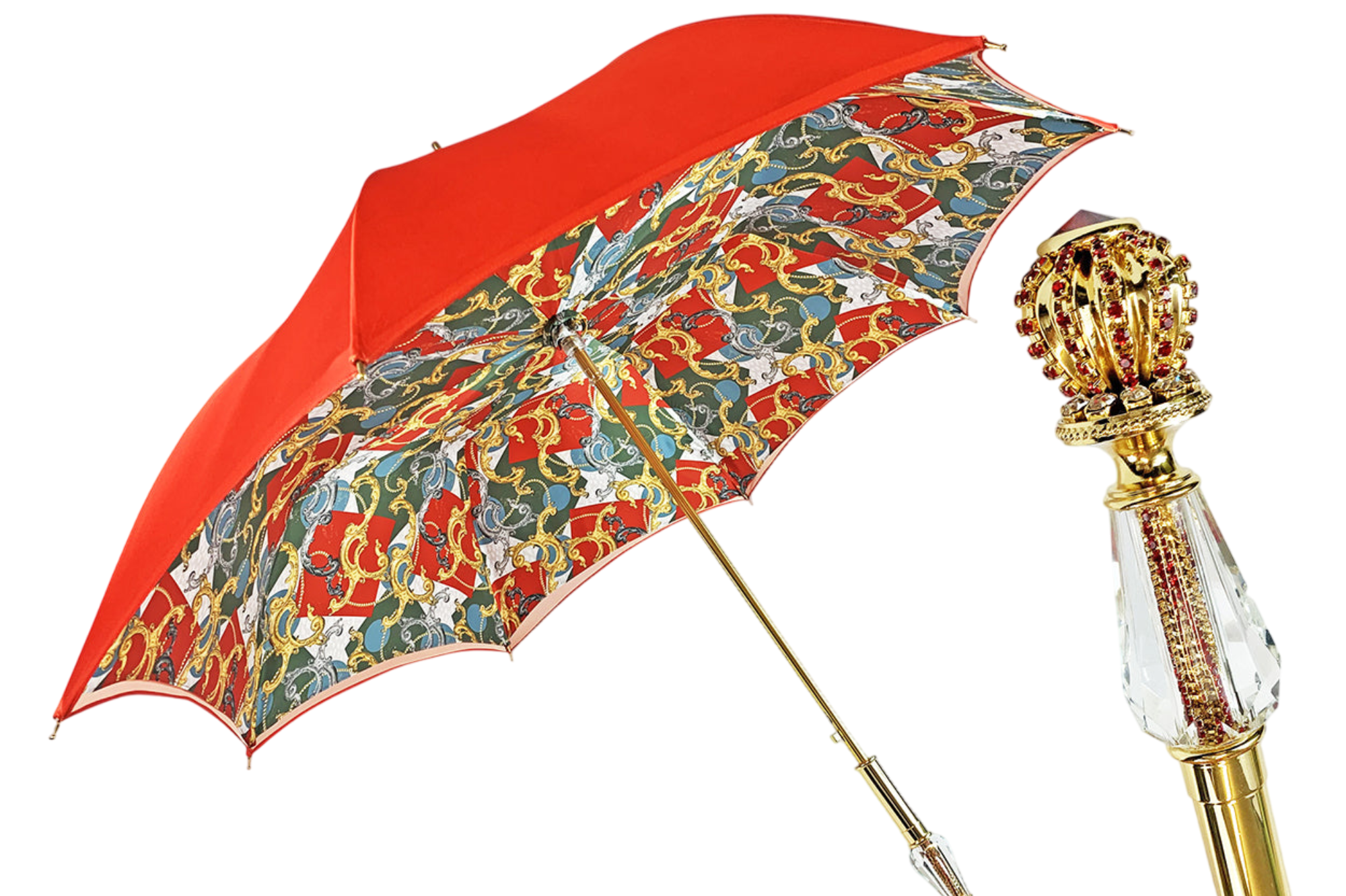 Handcrafted Red Umbrella – Luxury Rain Gear with 24K Gold Jewel Handle