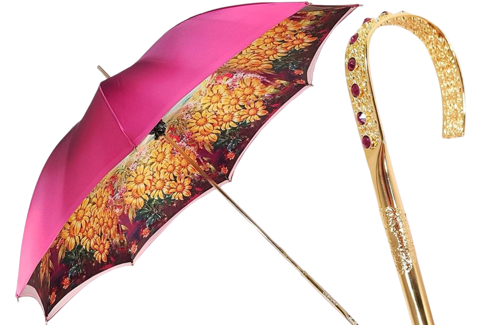 Fuchsia Double Canopy Umbrella – Handmade Satin Floral Interior with Swarovski Handle