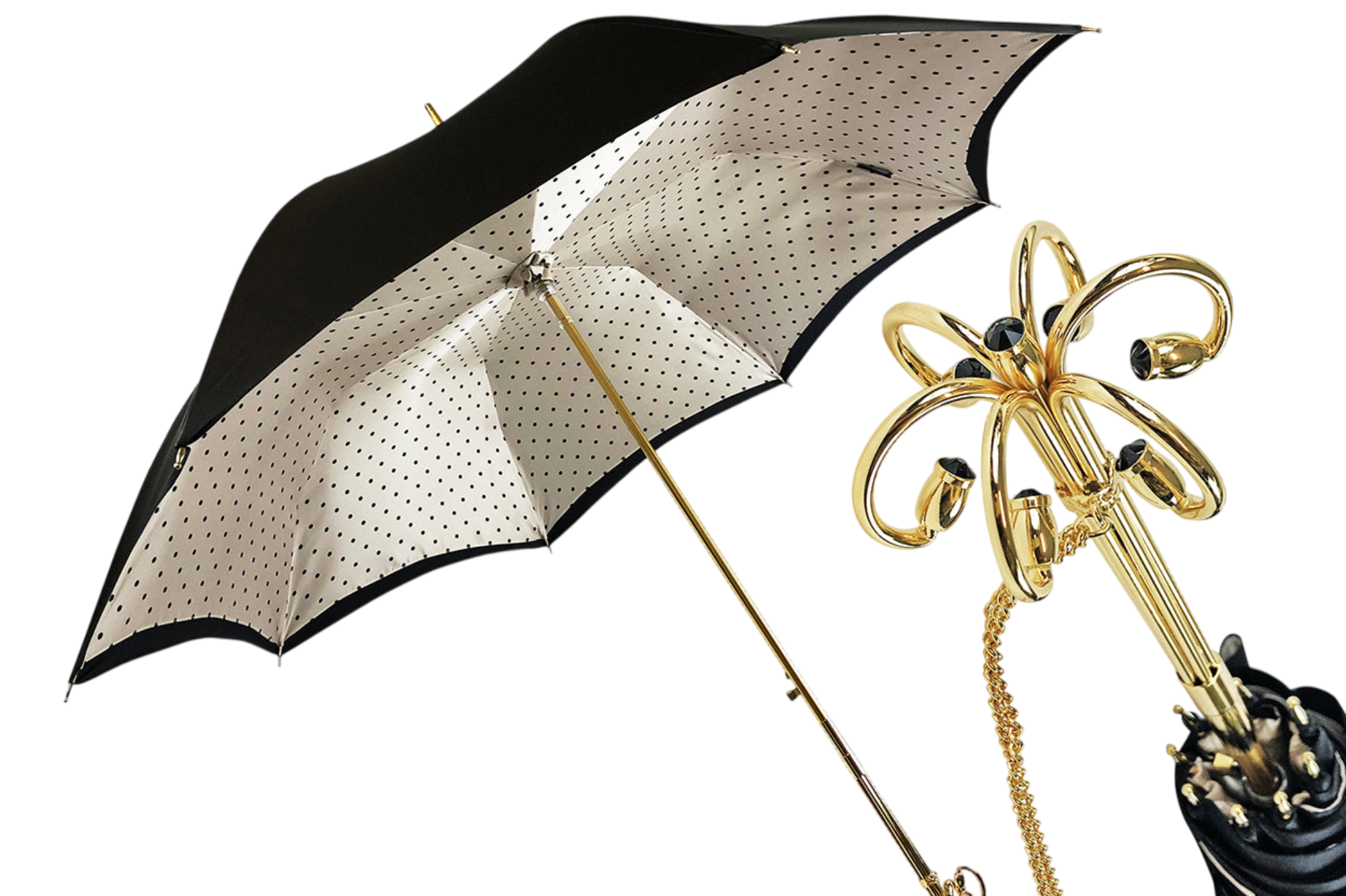 Black Cream Dot Umbrella – Italian Luxury Handmade Handle, Swarovski Crystal, 24K Gold