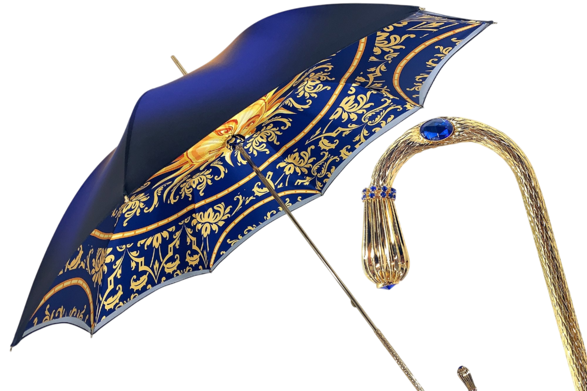 Luxury Double Canopy Umbrella – Handmade Italian Blue Satin with Swarovski Crystal Handle