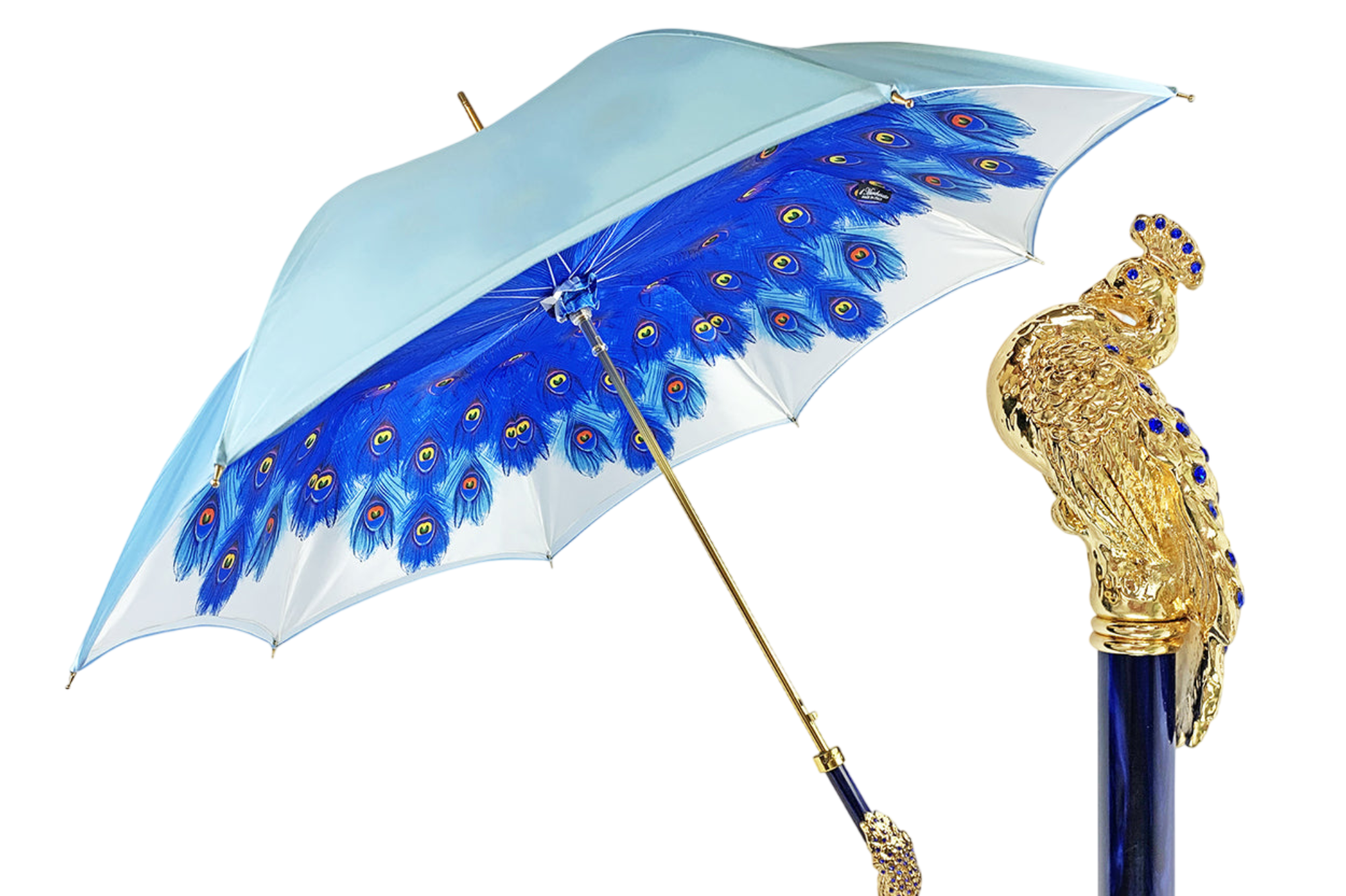 Blue Peacock Umbrella – Handmade Satin Luxury Rain Accessory With 24K Gold Handle