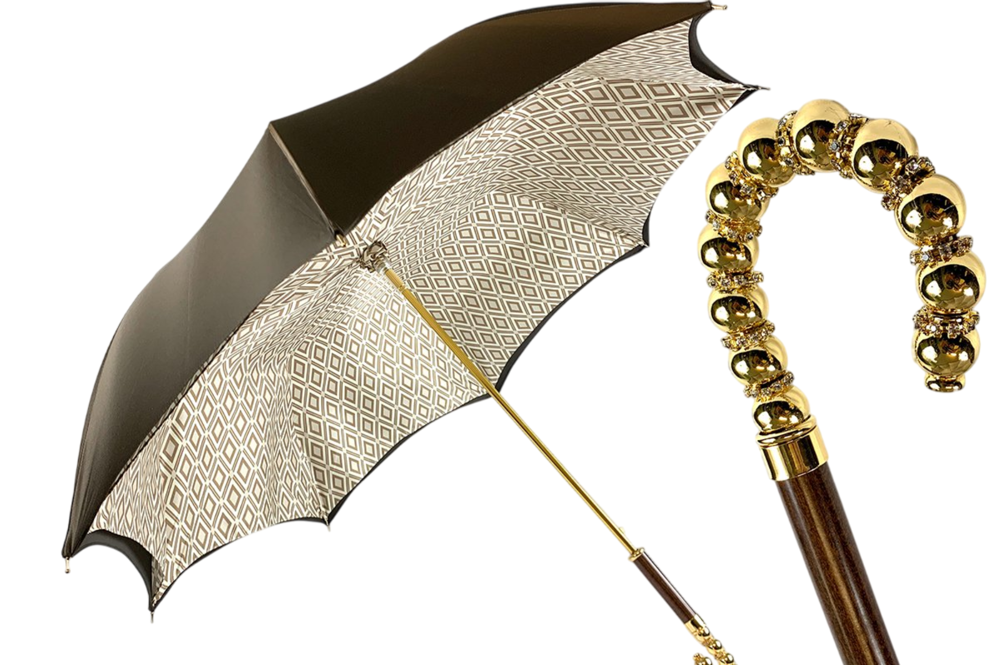 Double Cloth Umbrella – Brown Satin Rain Umbrella with Rhombus Pattern & Gold-Plated Handle