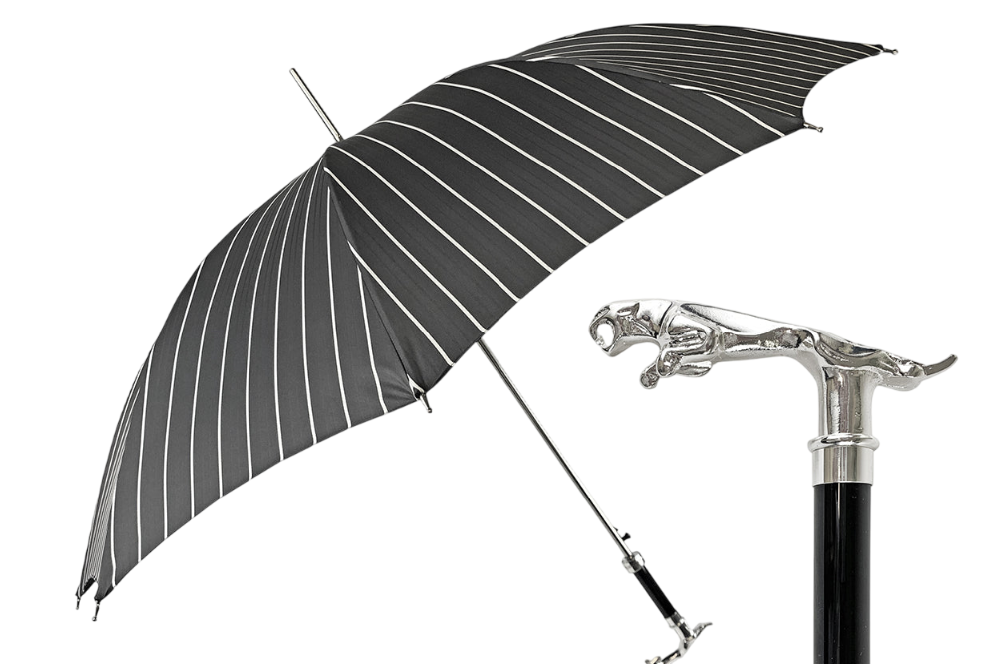 Black Pinstripe Umbrella – Men's Rain Umbrella with Sculpted Jaguar Handle & Automatic Open