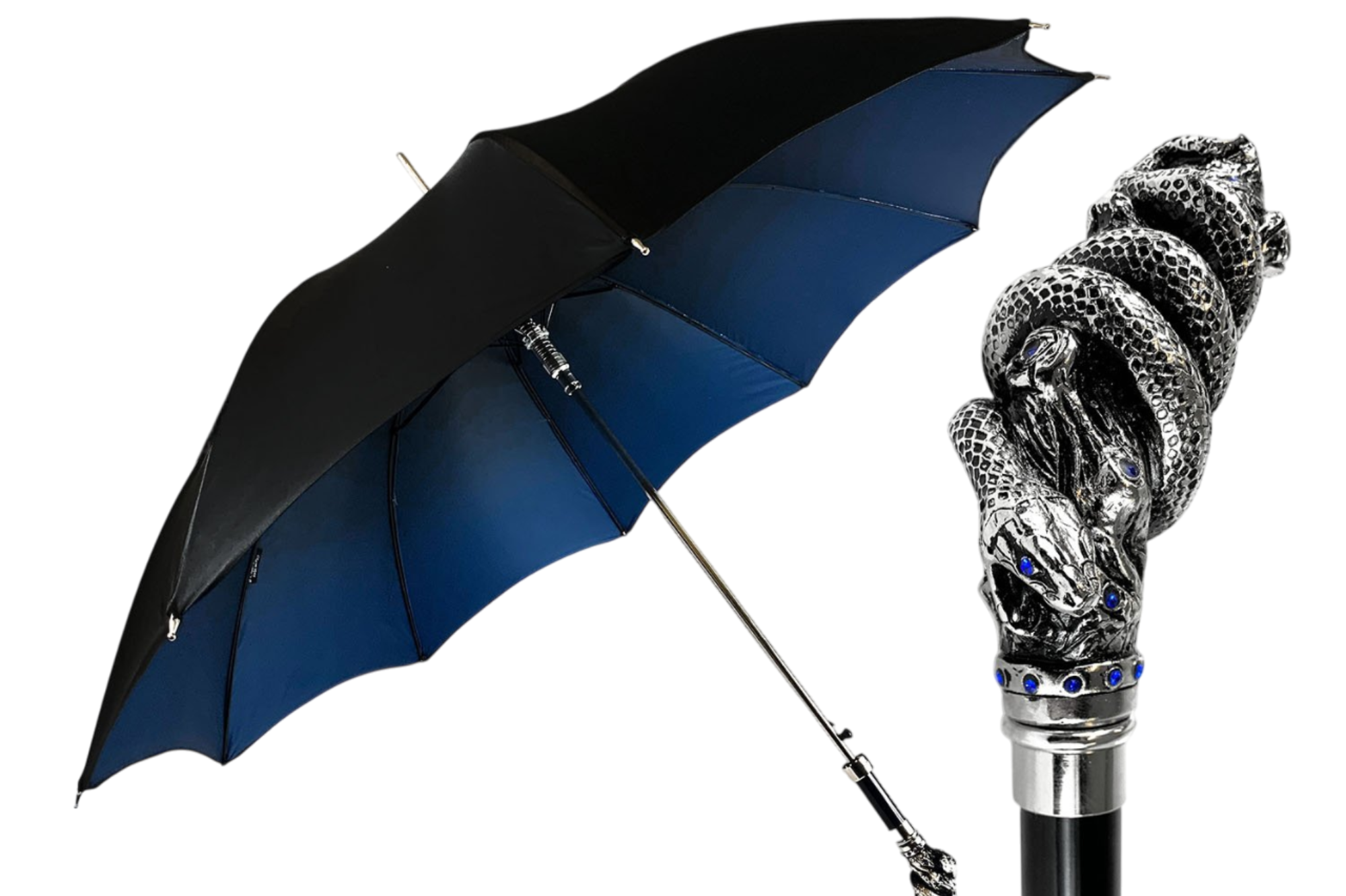 Double Canopy Umbrella – Luxury Men's Rain Umbrella with Silver Snake Handle & Sapphire Crystals