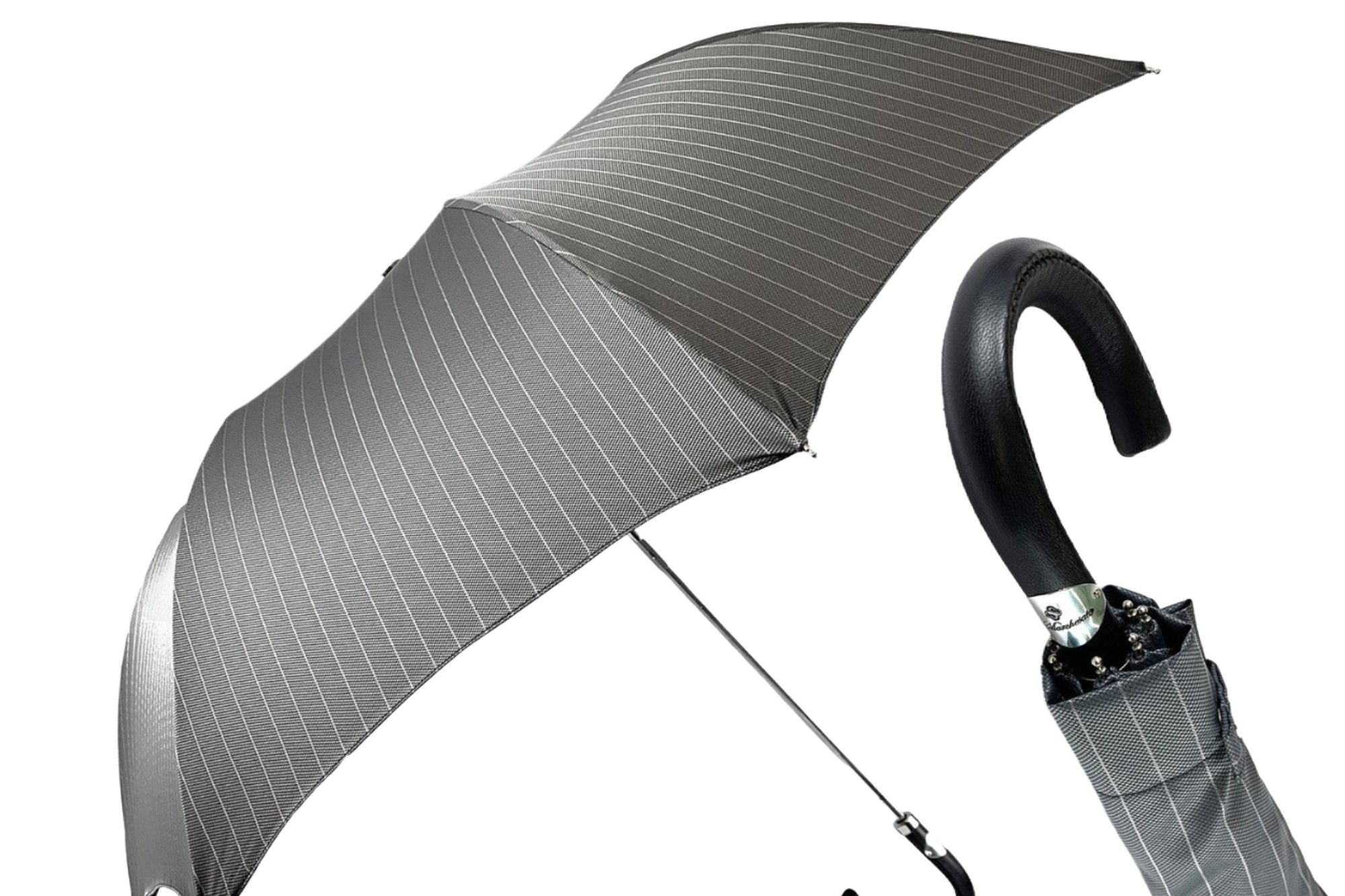 Men's Folding Umbrella – Gray Striped Compact Travel Umbrella with Leather Handle