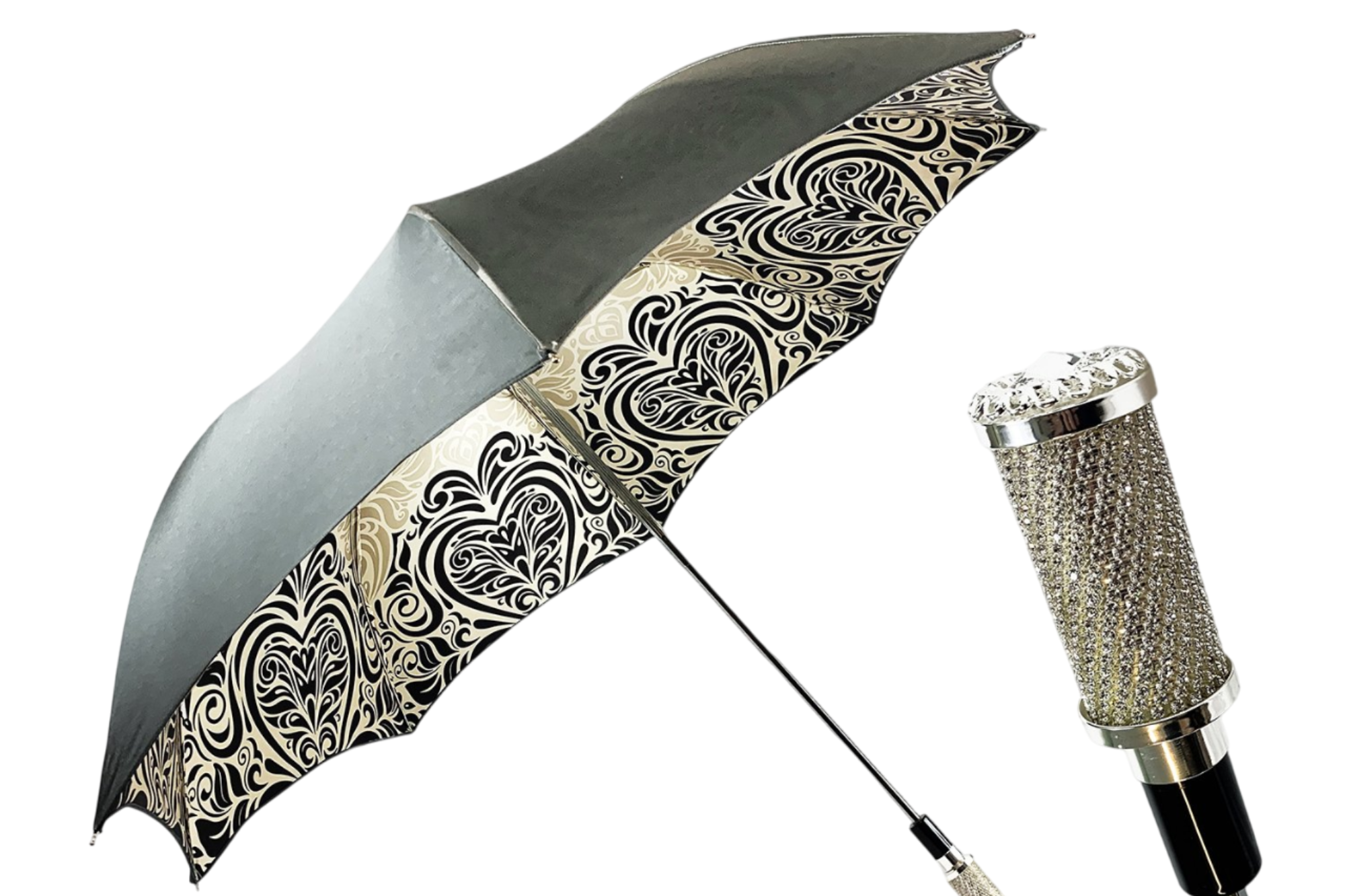 Black and white luxury damask pattern folding umbrella with silver-plated handle by Ilmarchesato, shown open with intricate design.