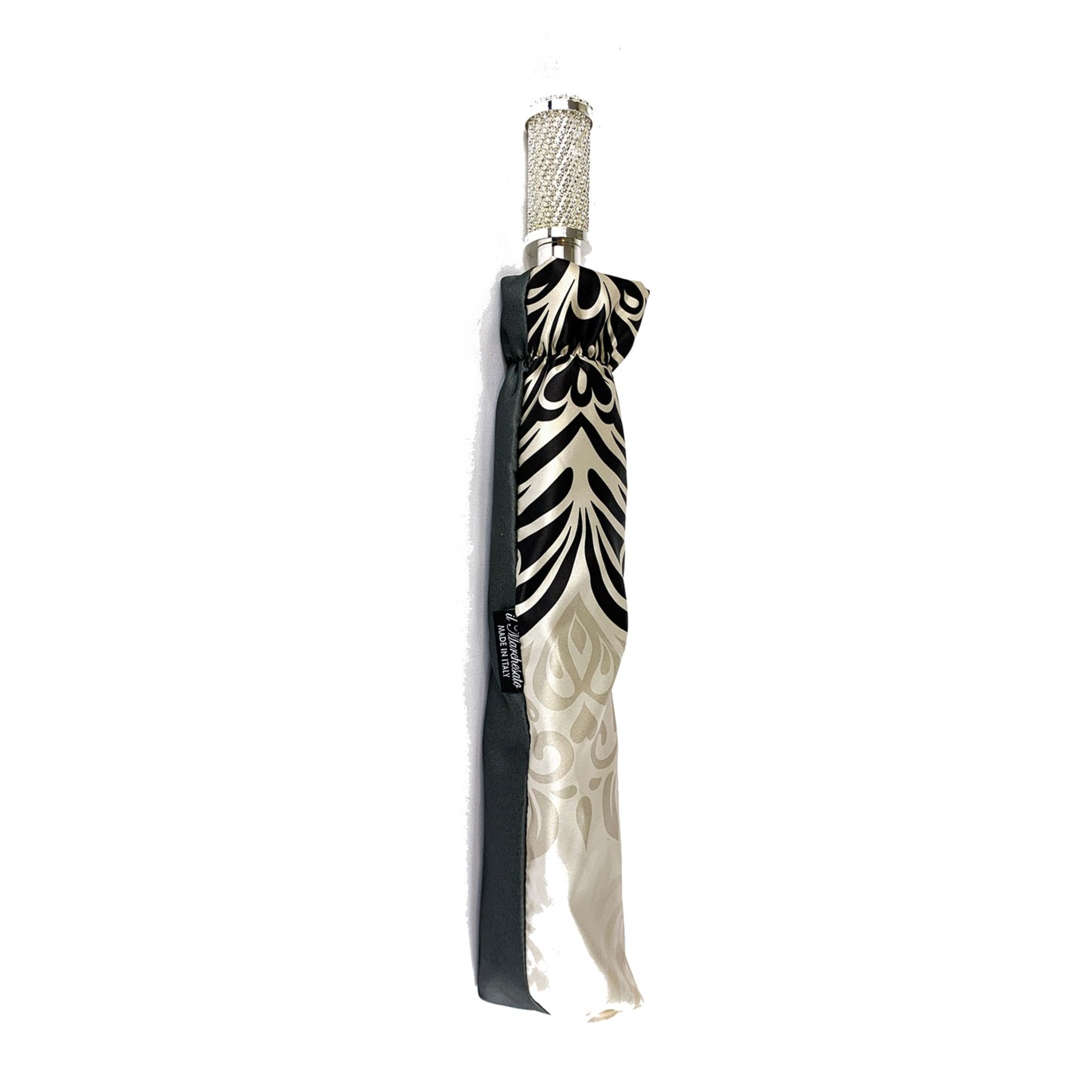Black and white Ilmarchesato folding umbrella with luxury damask pattern and silver-plated handle, stylish and compact for rain protection.