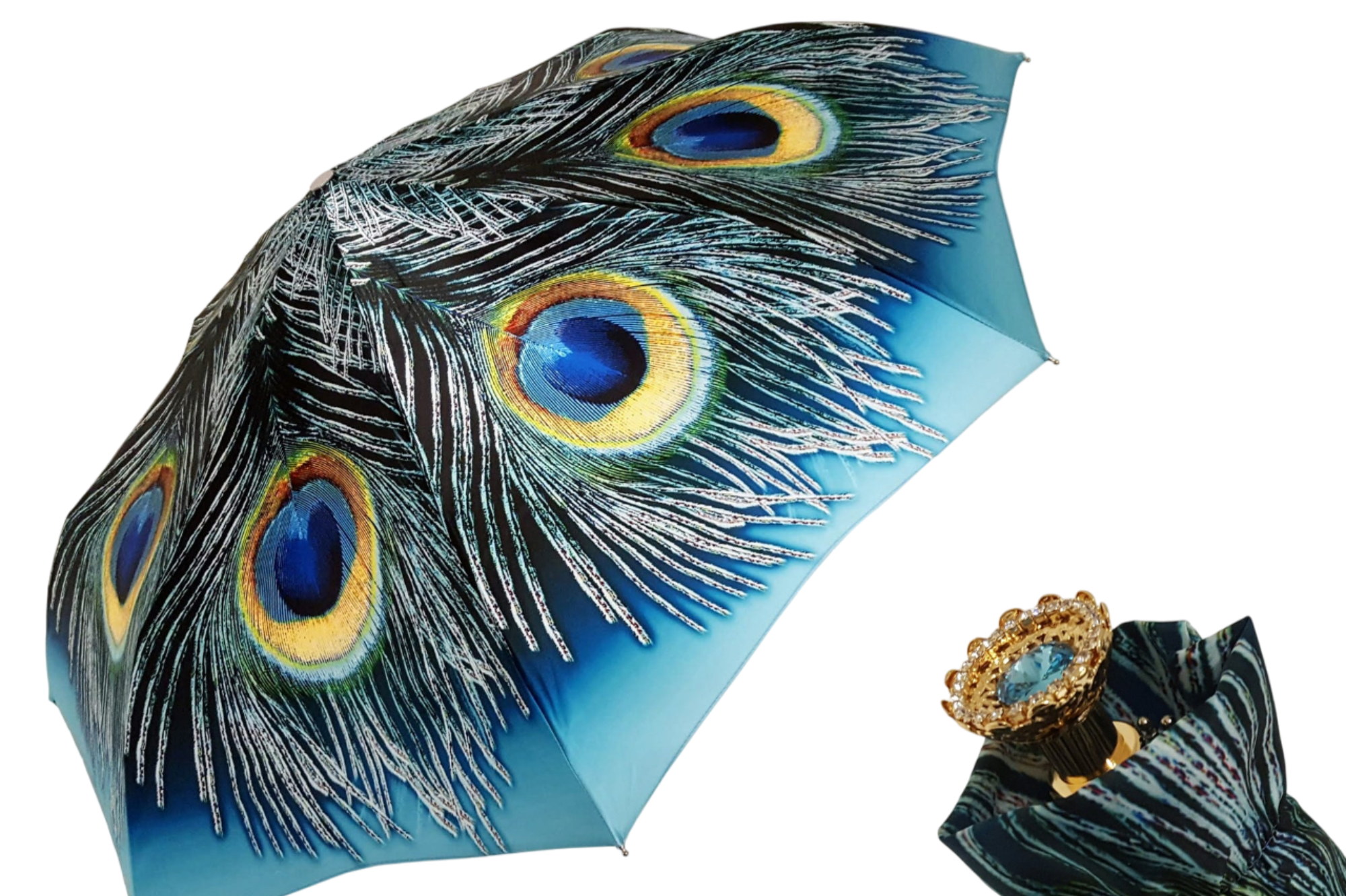Compact Peacock Umbrella – Lightweight Folding Rain Umbrella with Luxury Gold Handle